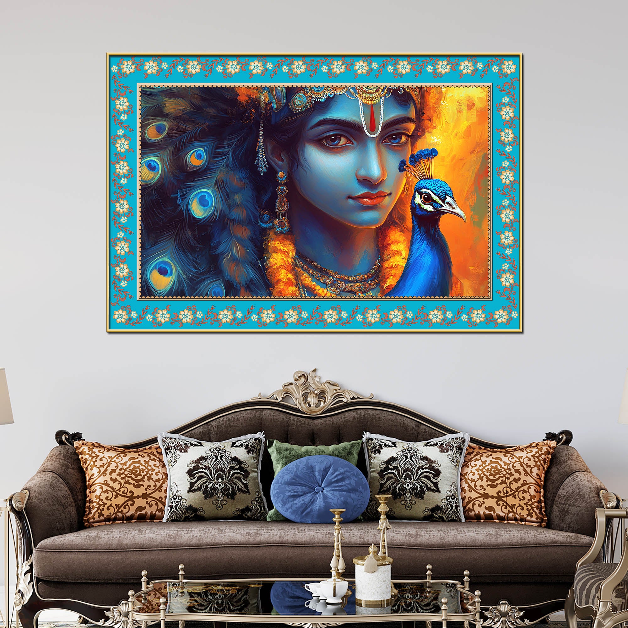 Lord Krishna with Peacock Floral Border Canvas Wall Painting