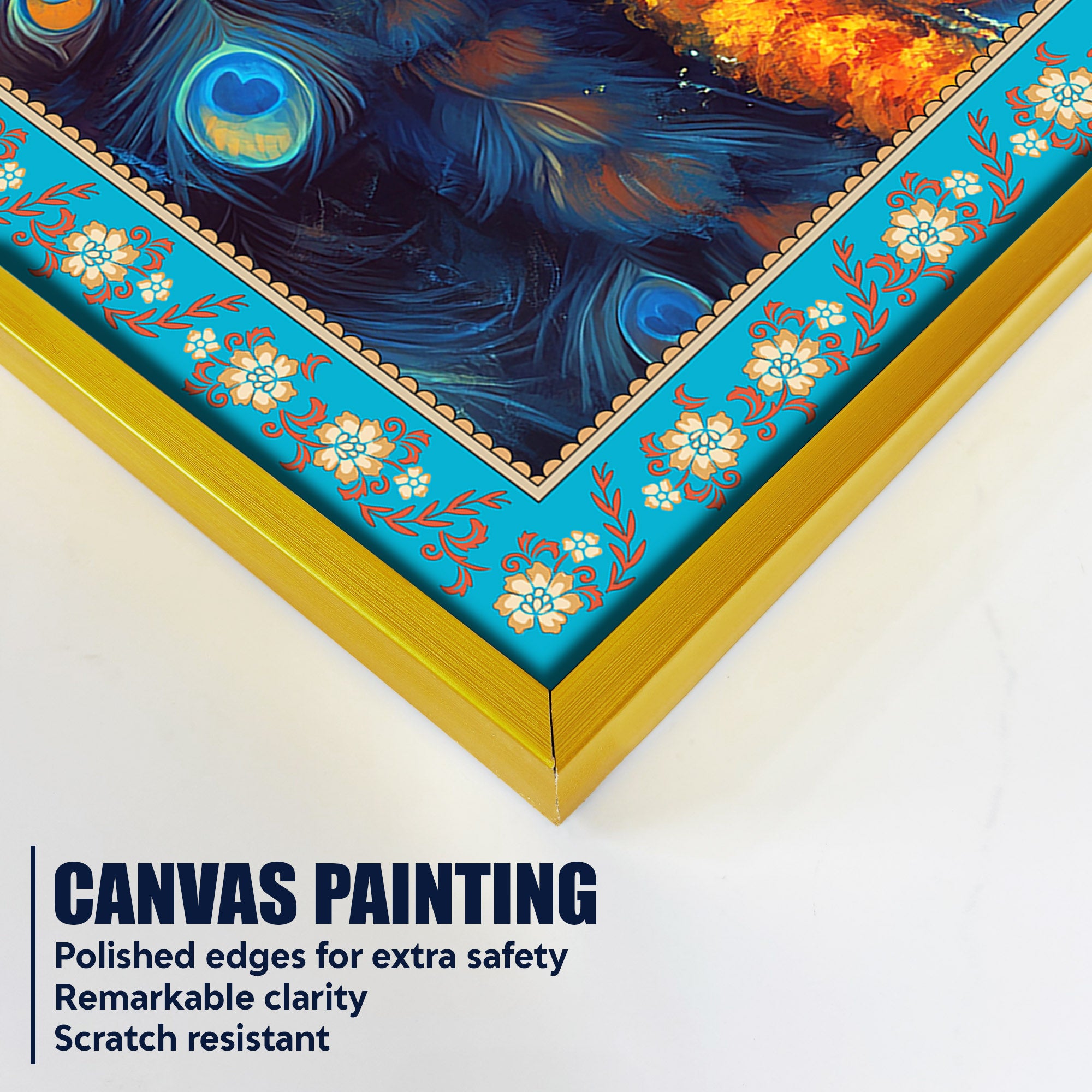 Lord Krishna with Peacock Floral Border Canvas Wall Painting