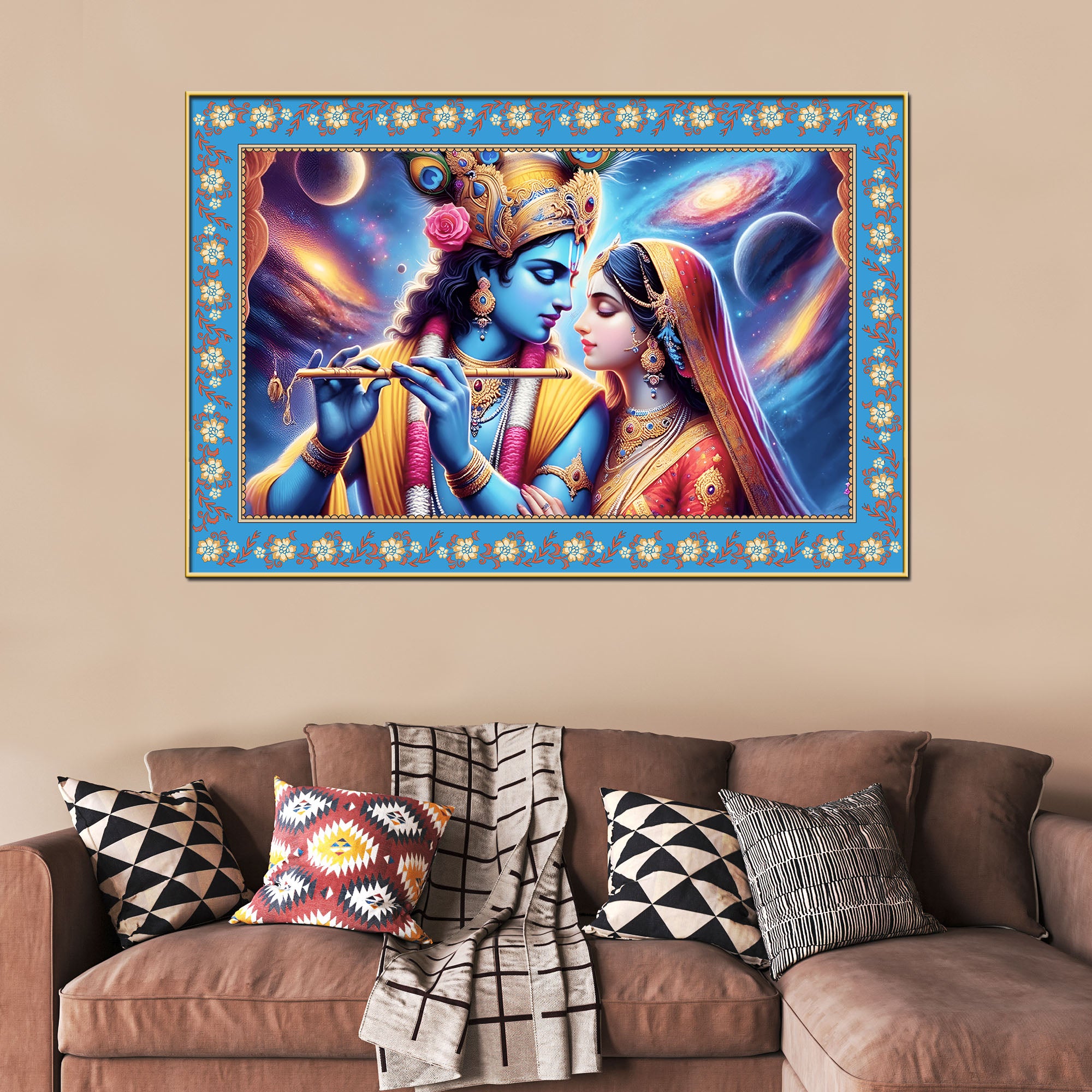 Lord Krishna with Radha Floral Border Canvas Wall Painting
