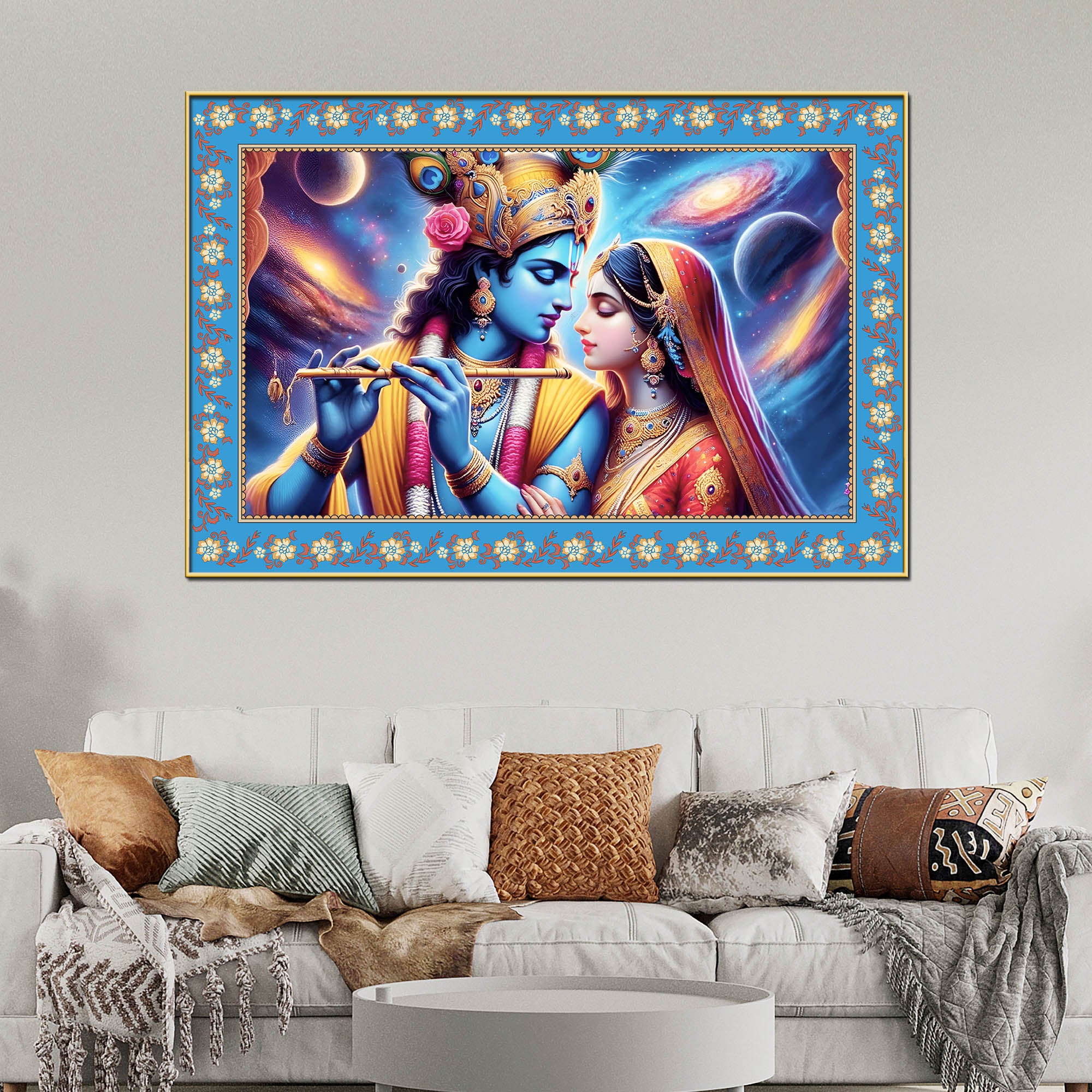 Lord Krishna with Radha Floral Border Canvas Wall Painting