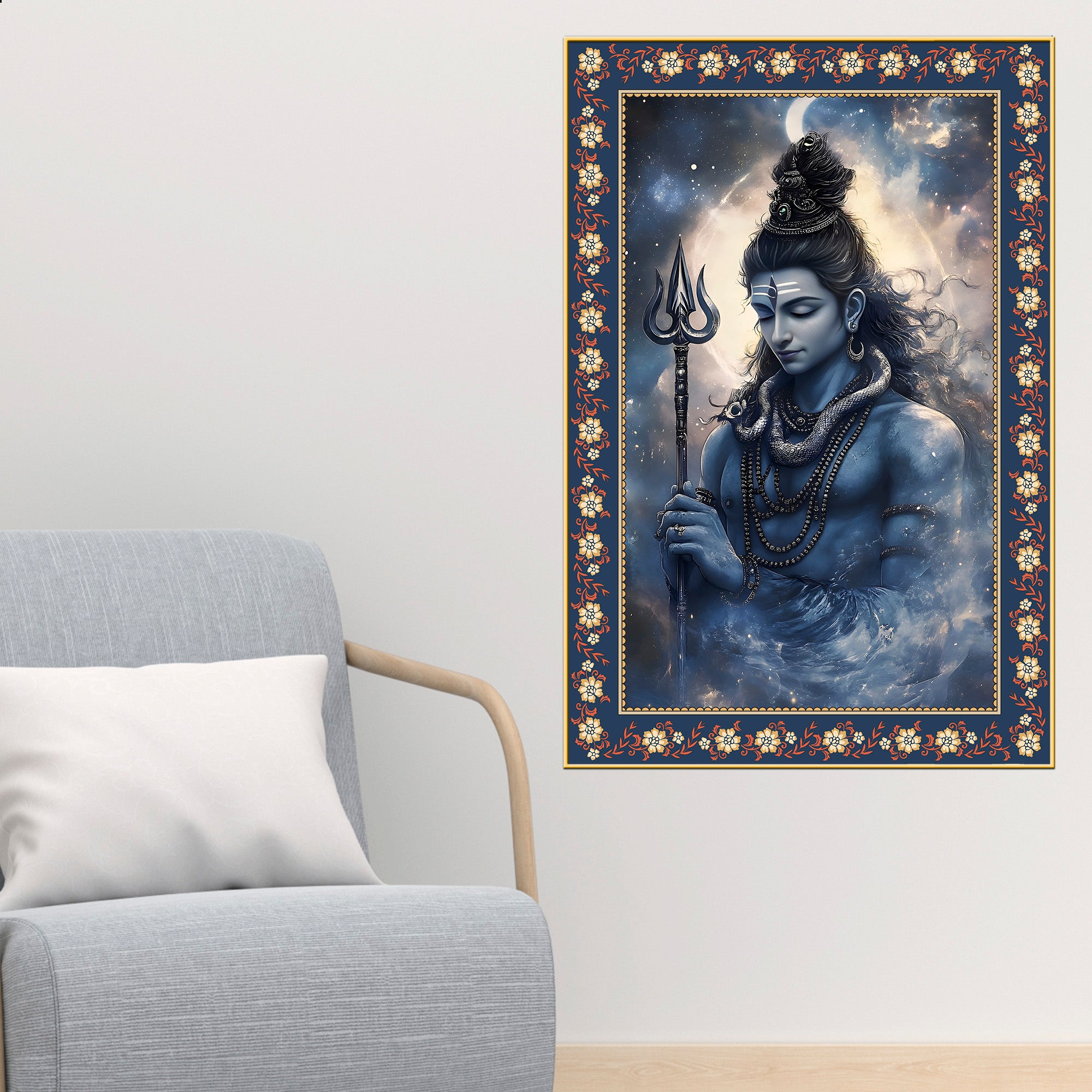Lord Mahadev in Dramatic Sky Floral Border Vertical Wall Painting