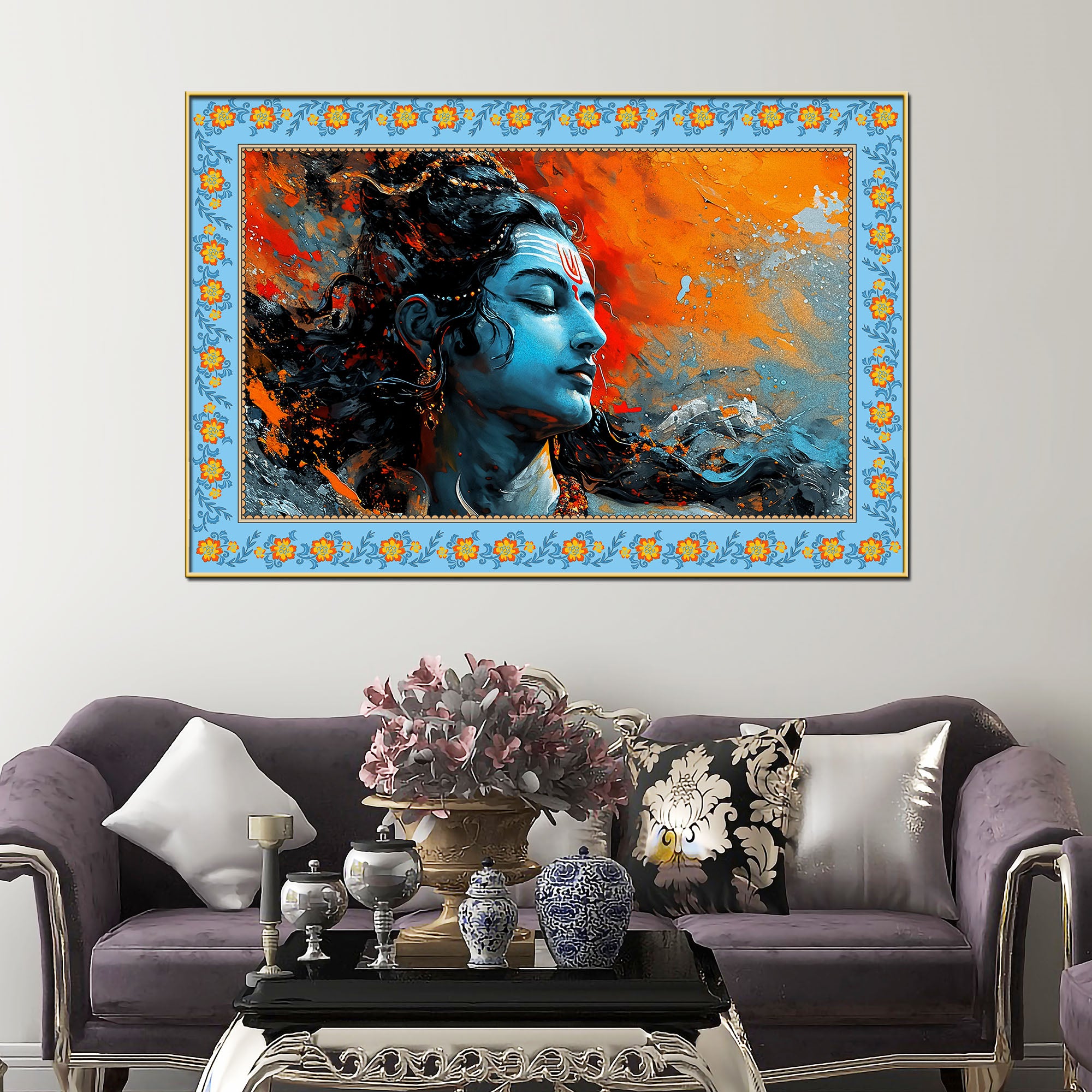 Lord Mahadev Modern Art Floral Border Canvas Wall Painting