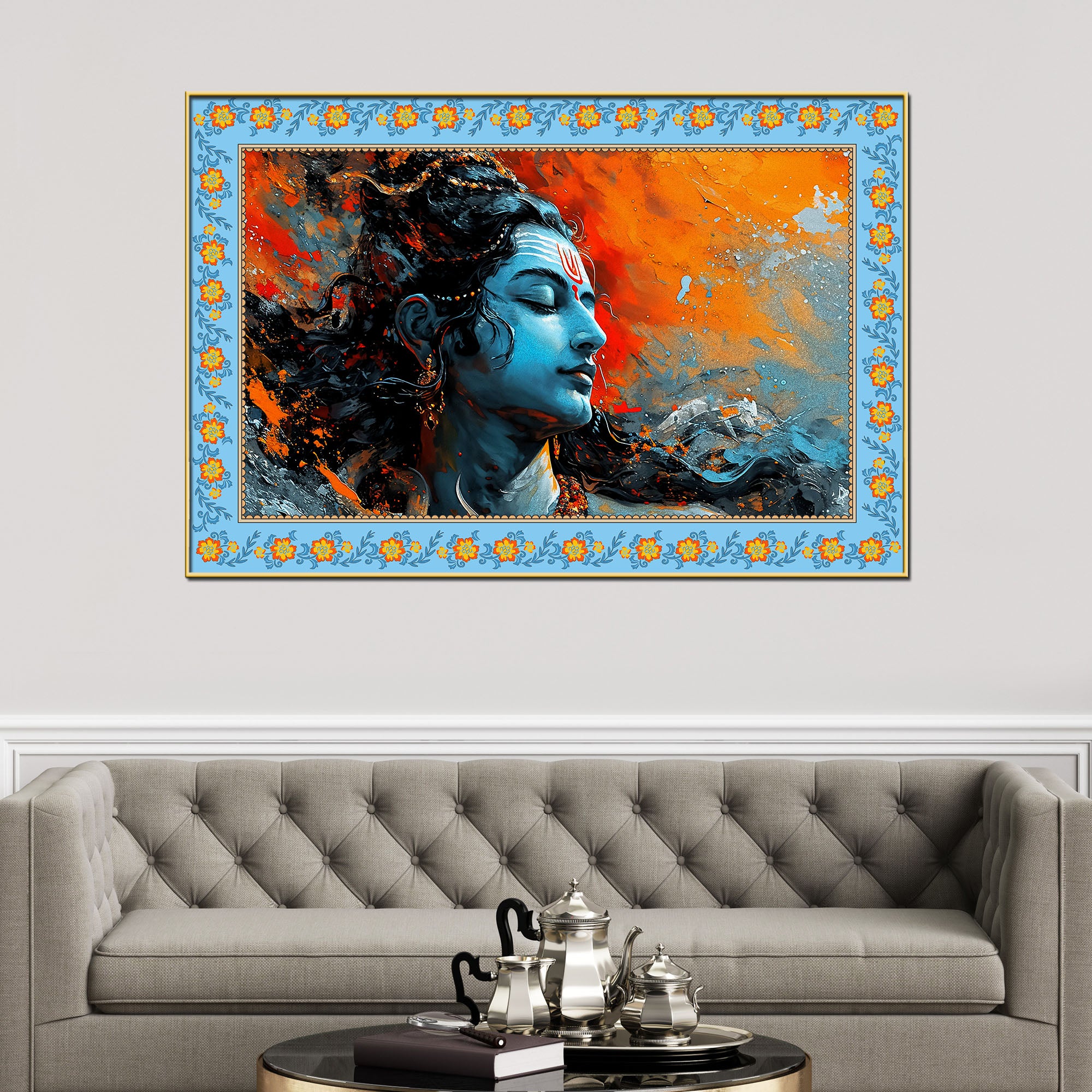 Lord Mahadev Modern Art Floral Border Canvas Wall Painting