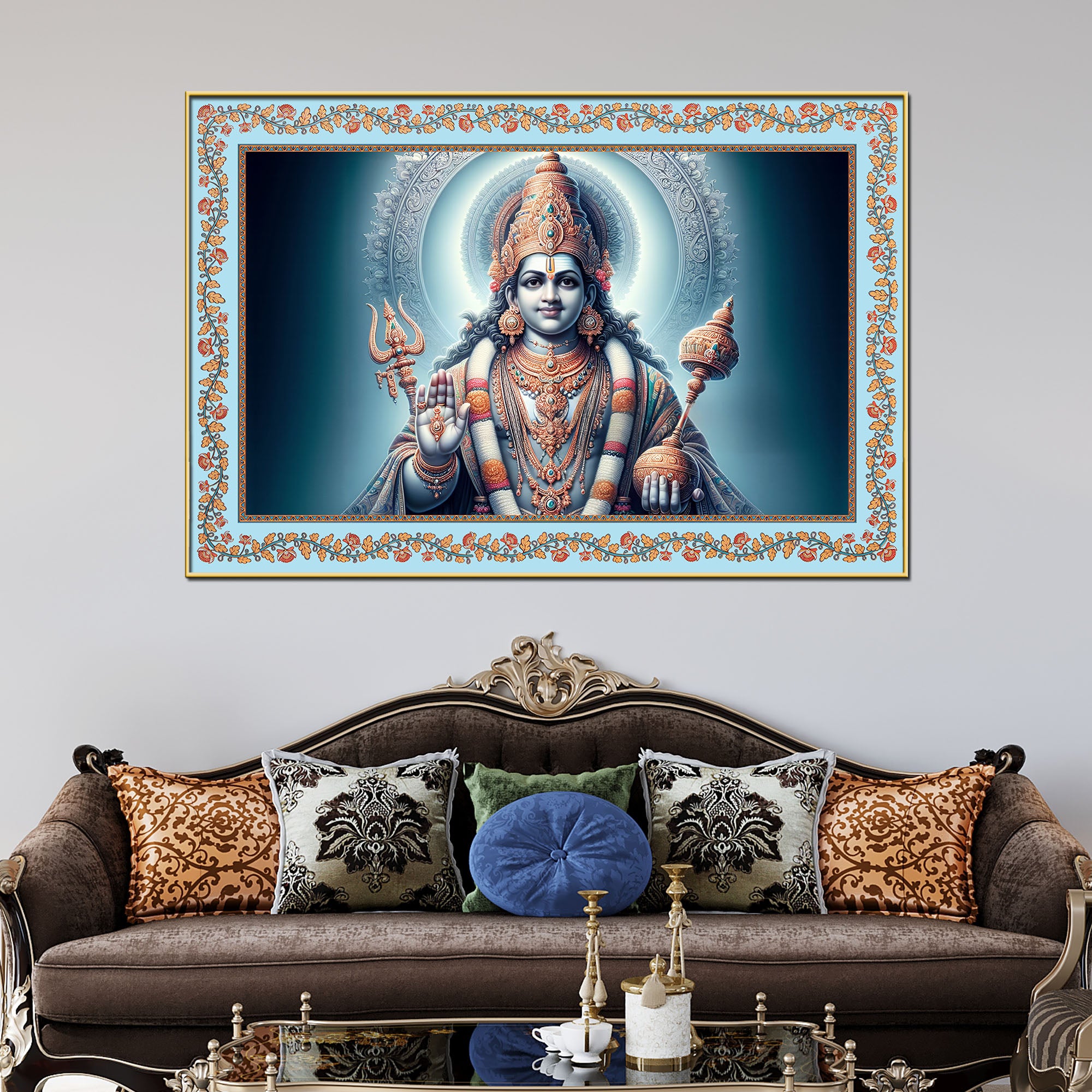 Lord Of Gods Maha Vishnu Floral Border Canvas Wall Painting