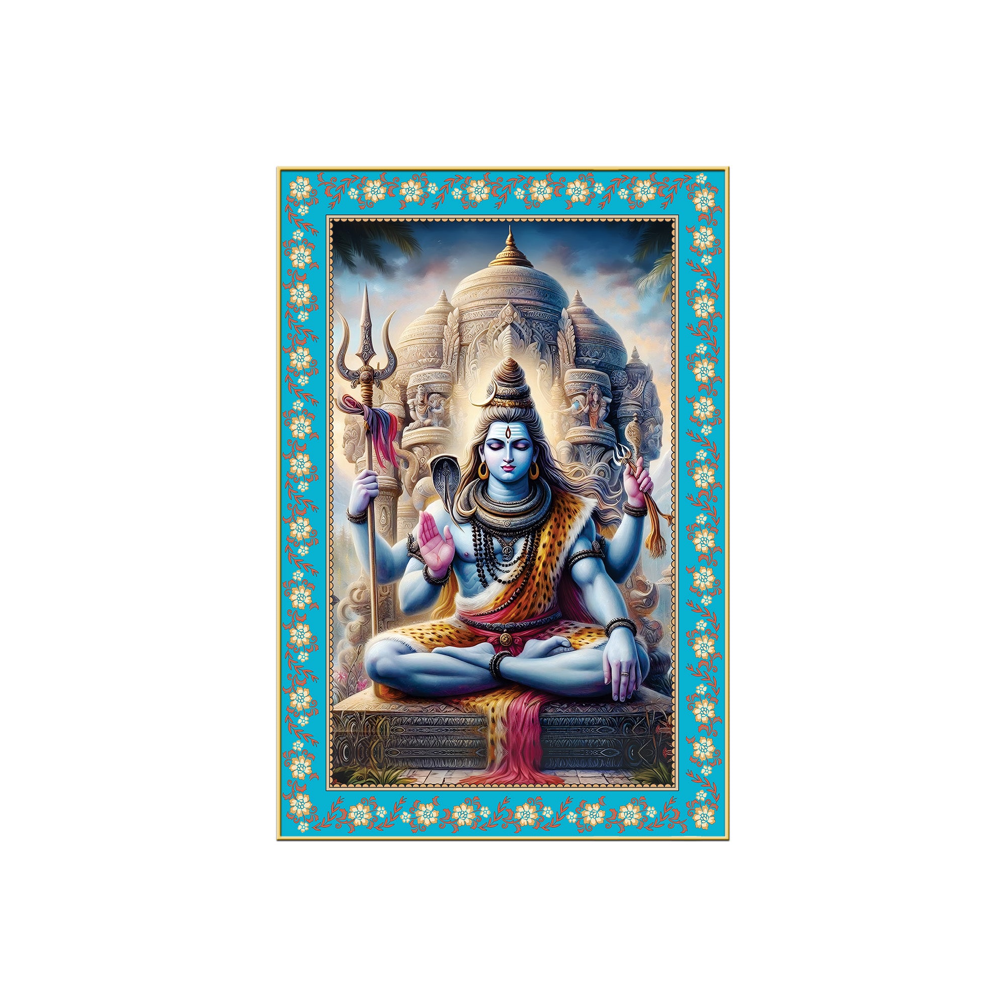 Lord Shankar Floral Border Vertical Canvas Wall Painting