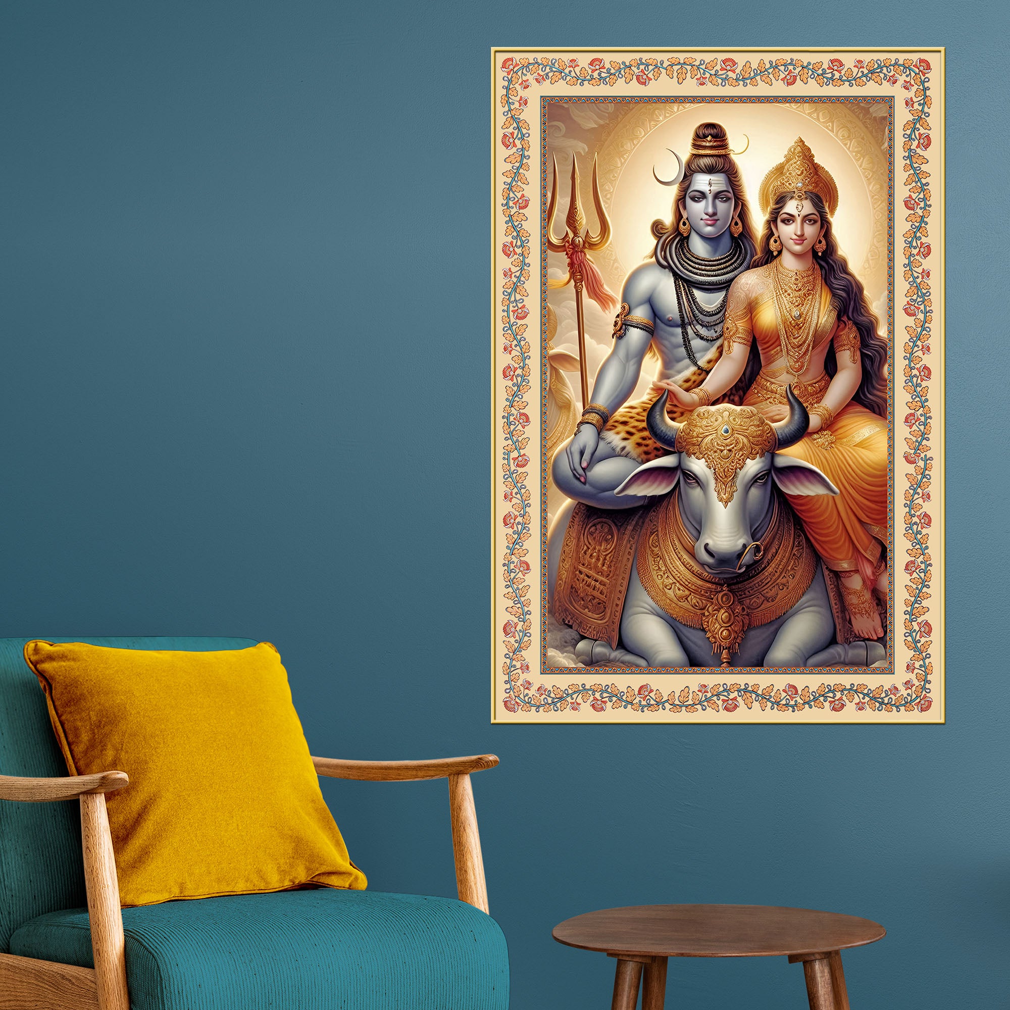 Lord Shiv with Parvati Floral Border Vertical Canvas Wall Painting