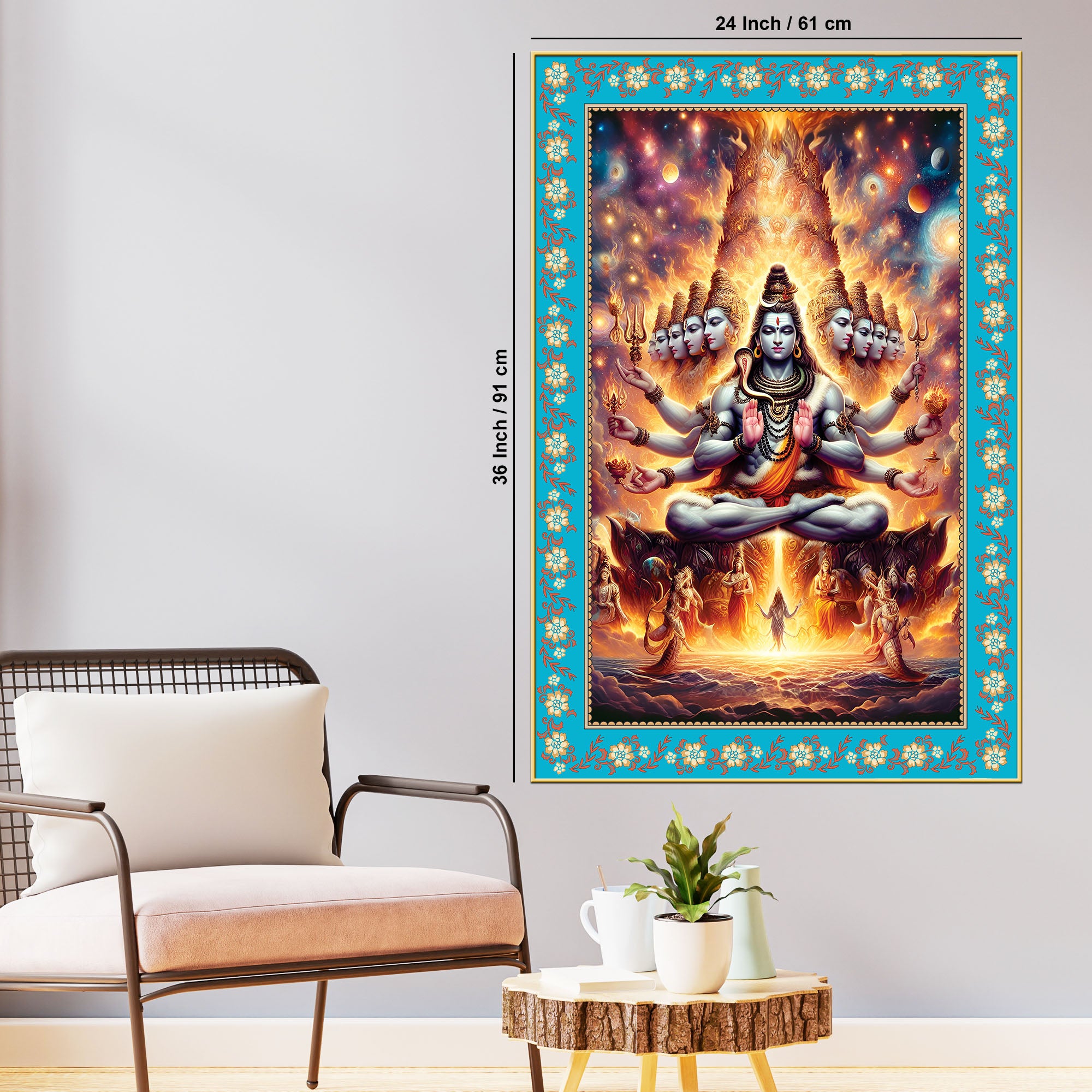 Lord Shiva in Cosmic Meditation Floral Border Vertical Wall Painting