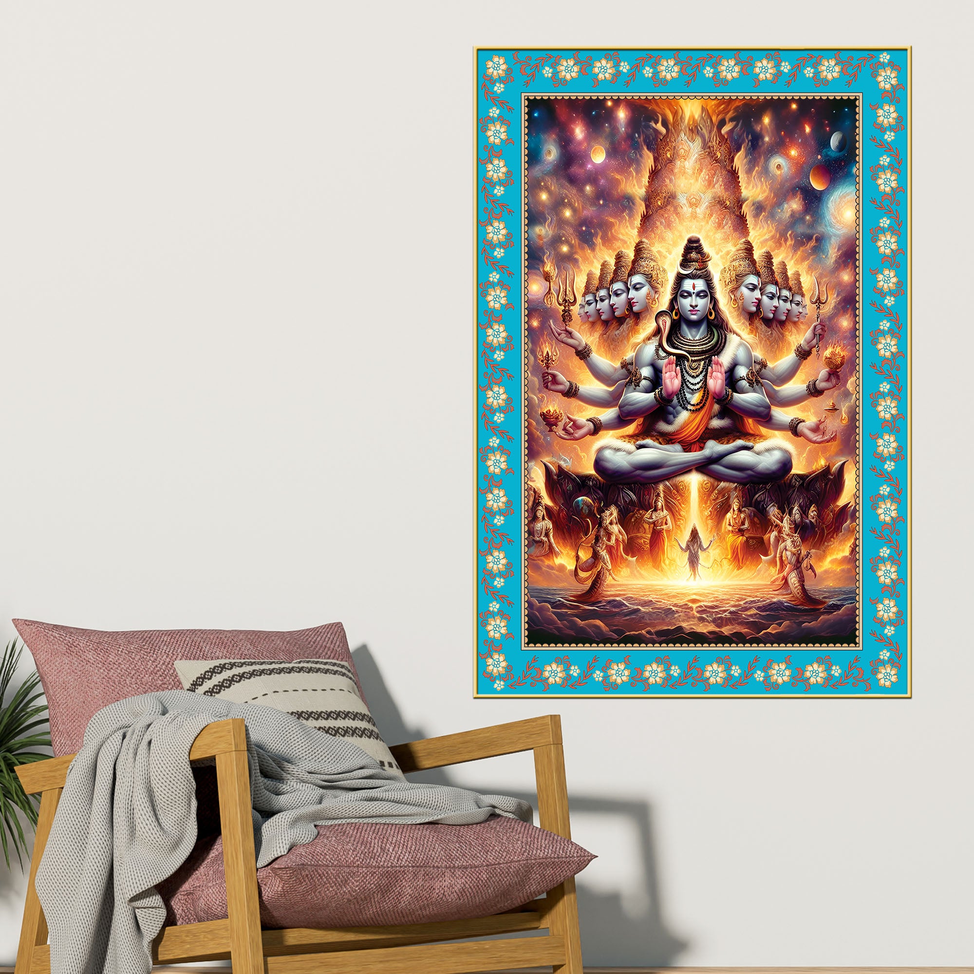 Lord Shiva in Cosmic Meditation Floral Border Vertical Wall Painting