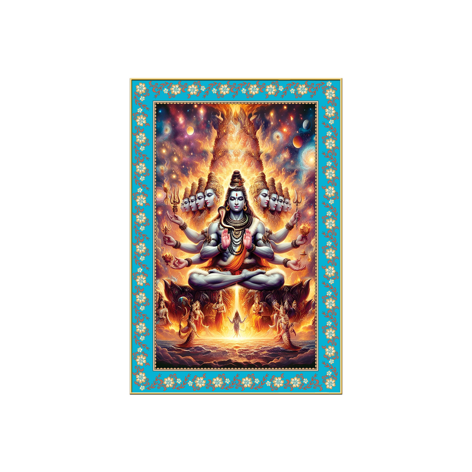 Lord Shiva in Cosmic Meditation Floral Border Vertical Wall Painting