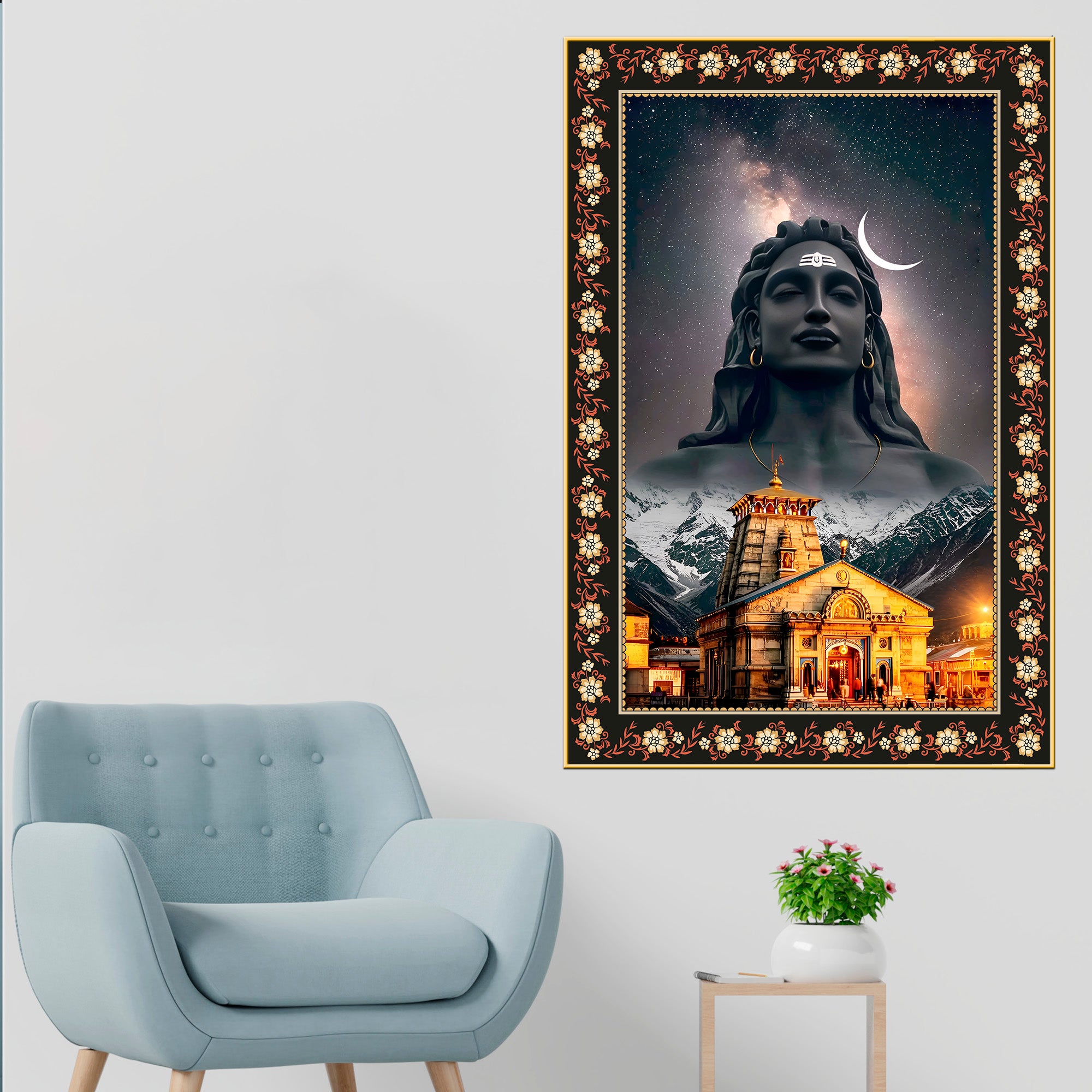Lord Shiva in Kedarnath Temple Floral Border Vertical Wall Painting