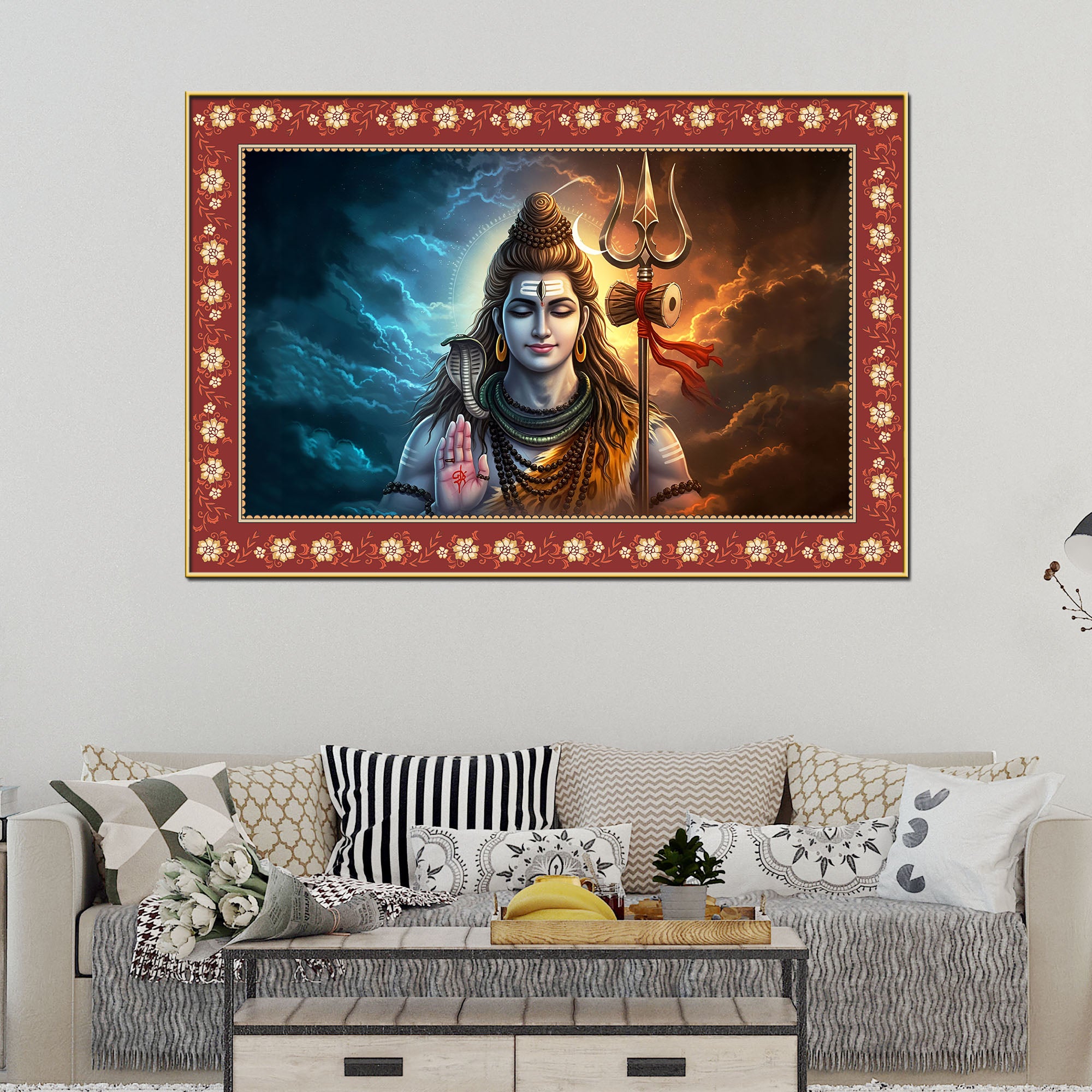 Lord Shiva with Holding Trishula Border Canvas Wall Painting