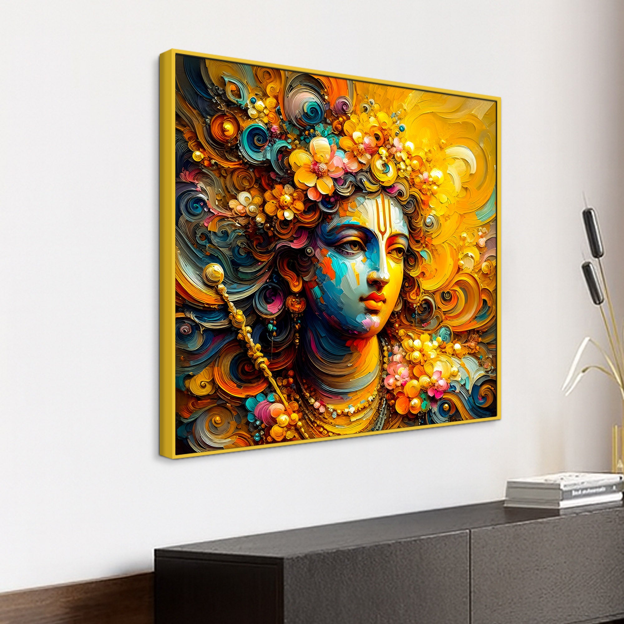 Lord Shri Krishna Face Floral Aura Canvas Wall Art Spiritual Wall Painting for Home & Offices