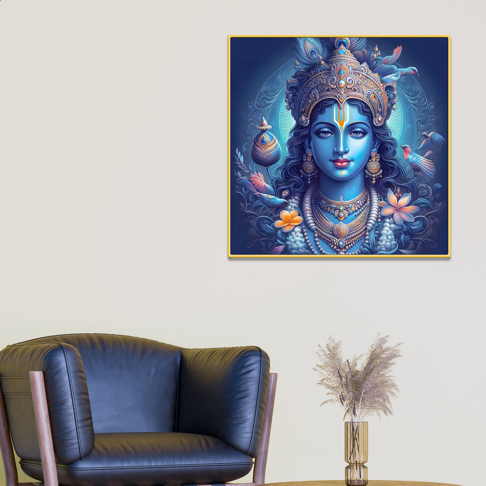 Lord Shri Krishna Mystical Blue Portrait Art – Modern Spiritual Canvas Wall Painting