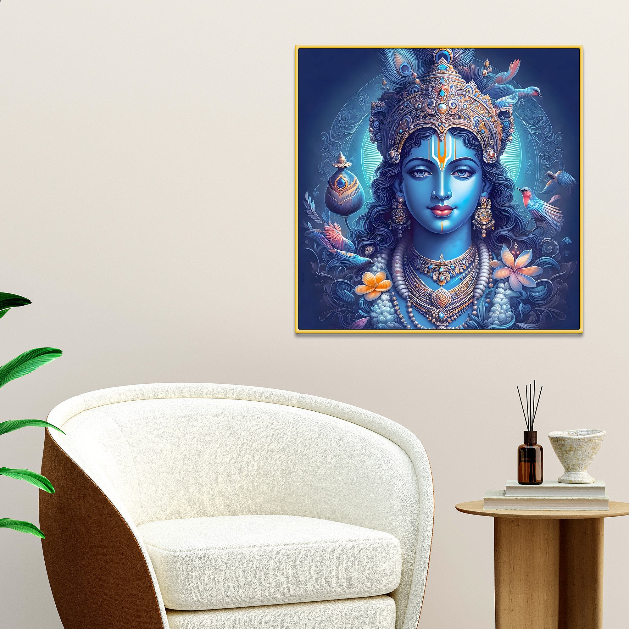 Lord Shri Krishna Mystical Blue Portrait Art – Modern Spiritual Canvas Wall Painting