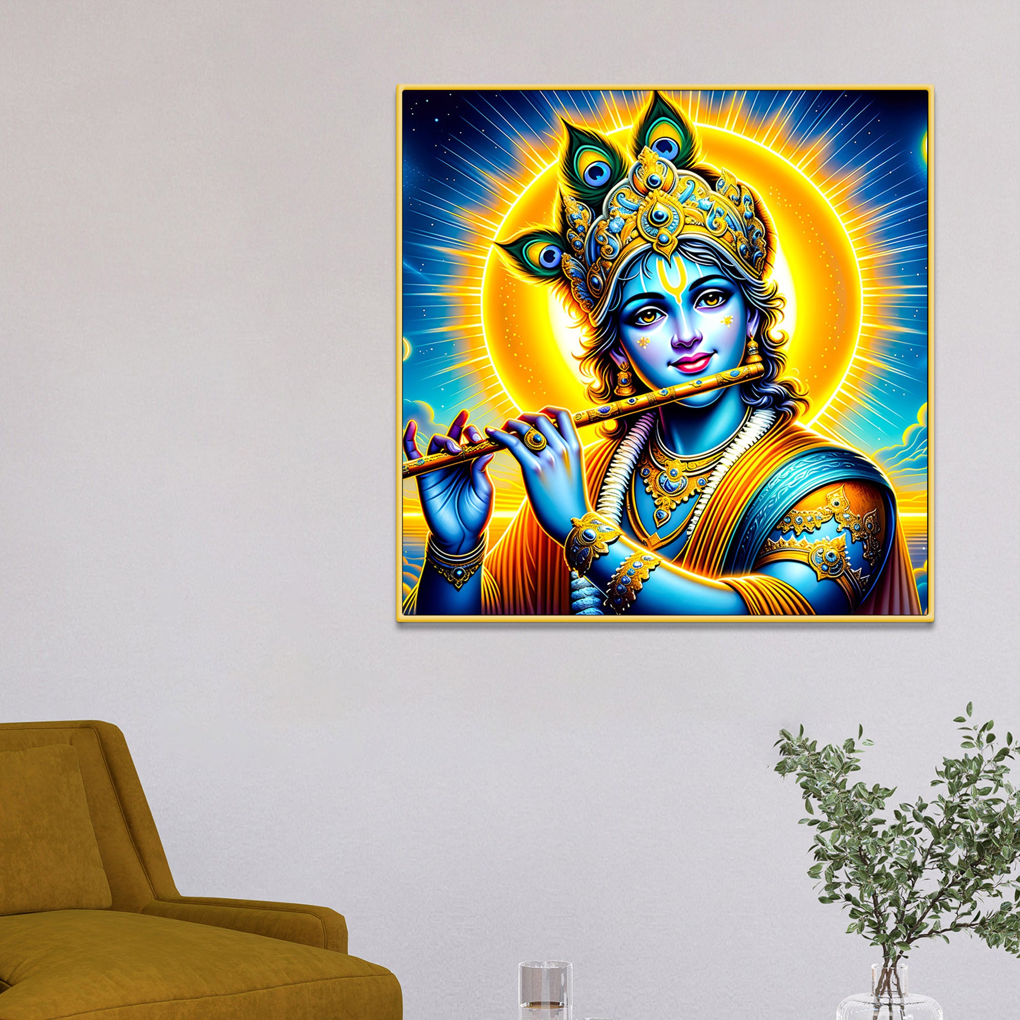 Lord Shri Krishna Playing Golden Flute Portrait Art – Modern Spiritual Canvas Wall Painting