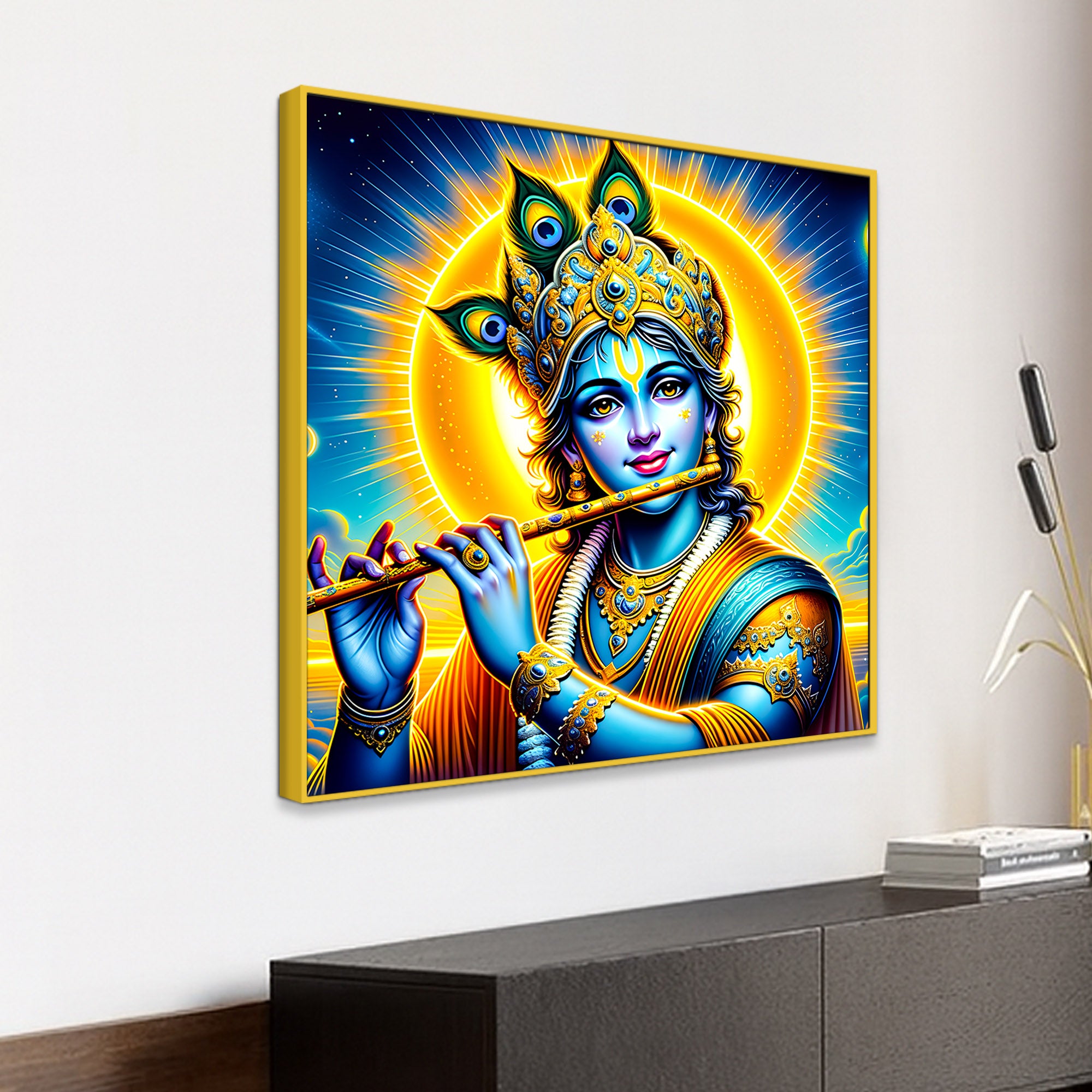 Lord Shri Krishna Playing Golden Flute Portrait Art – Modern Spiritual Canvas Wall Painting
