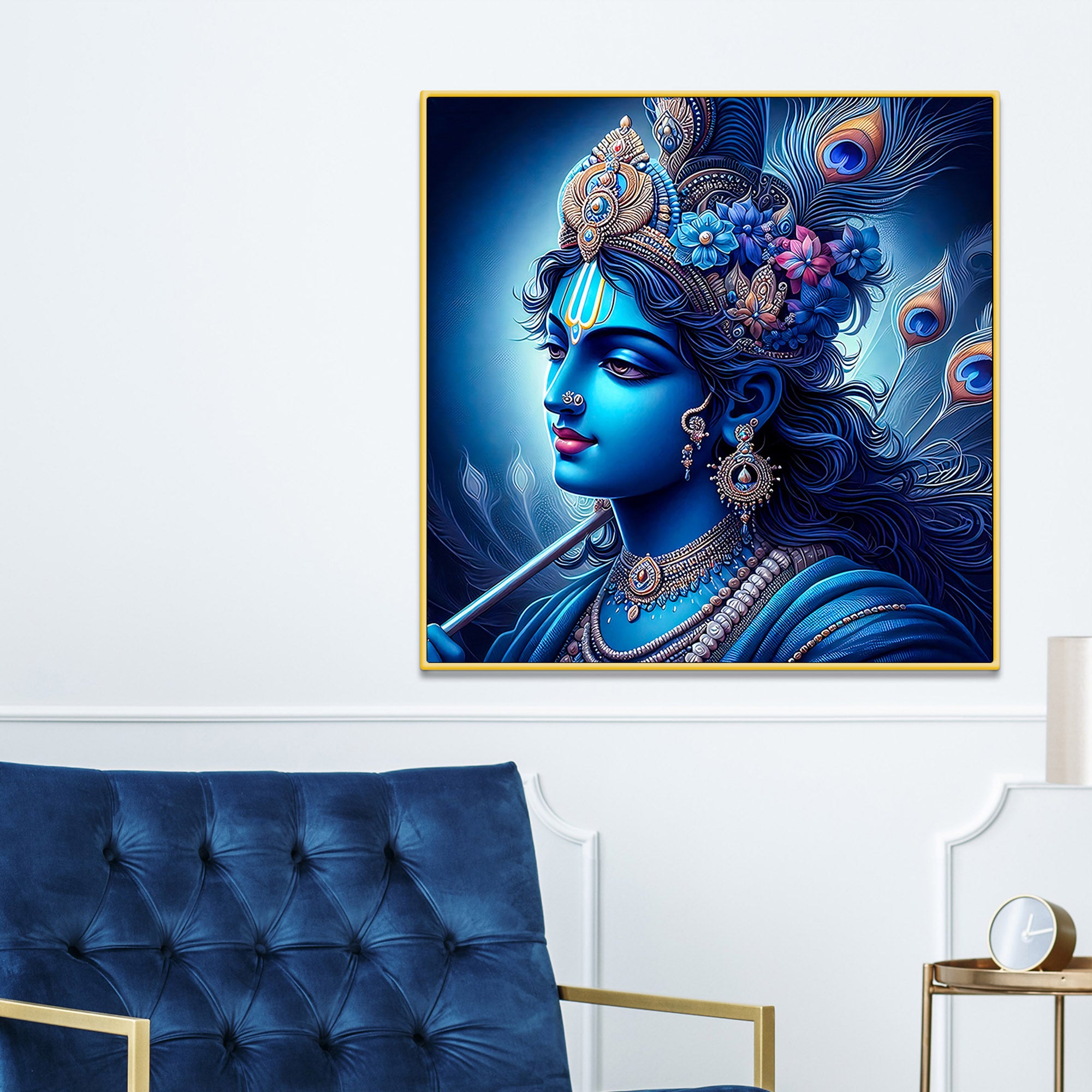 Lord Shri Krishna Royal Blue Portrait Art – Modern Devotional Canvas Wall Painting