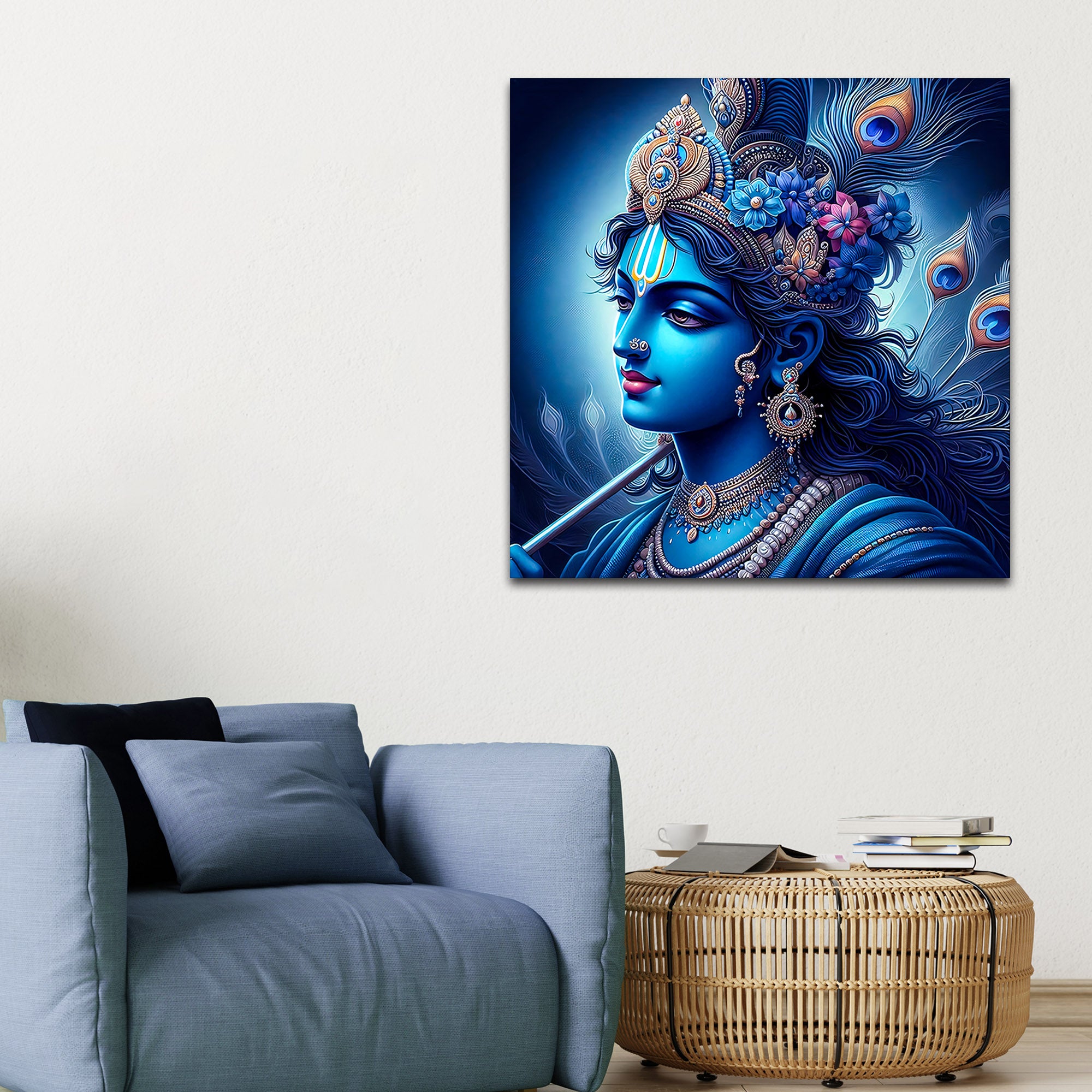 Lord Shri Krishna Royal Blue Portrait Art – Modern Devotional Canvas Wall Painting