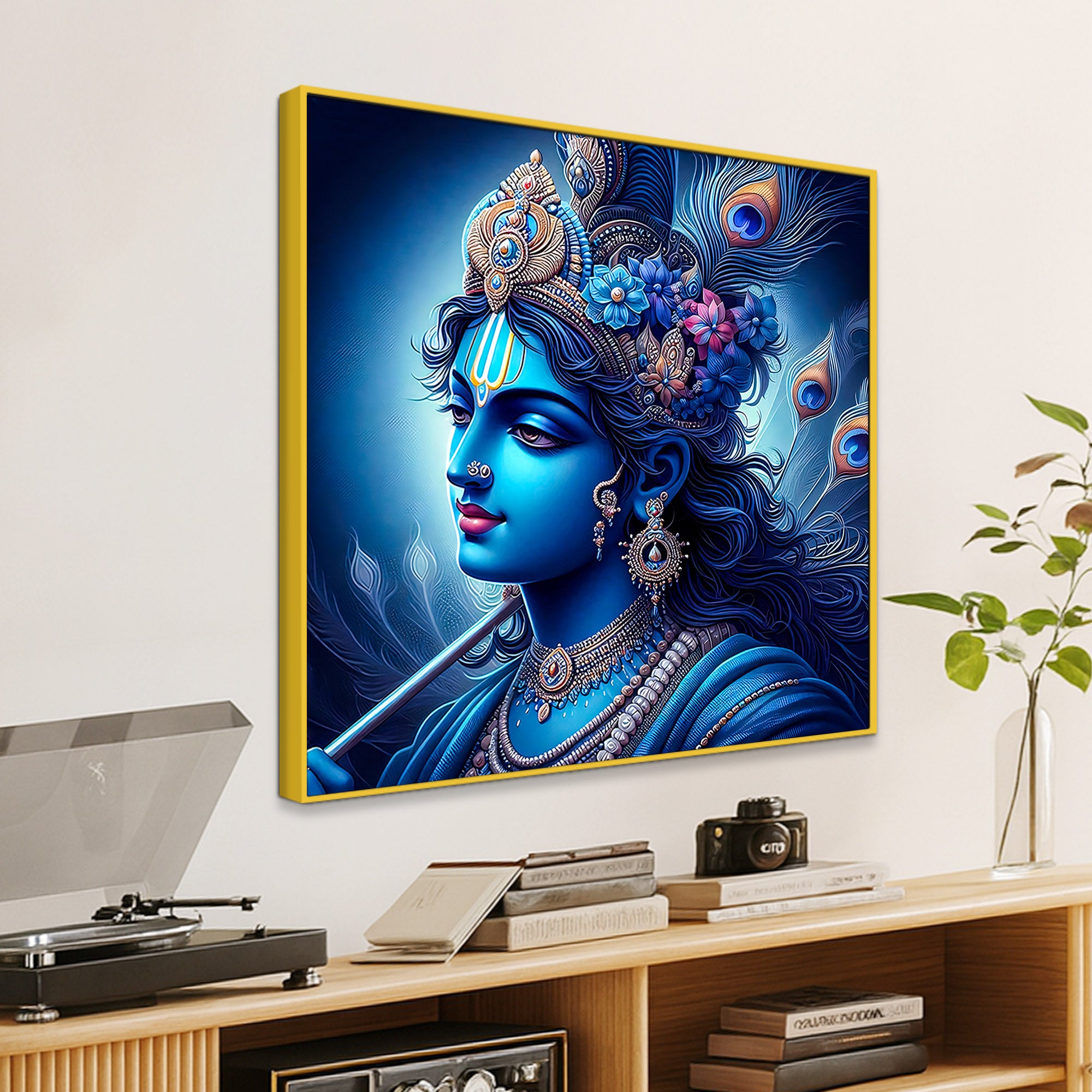 Lord Shri Krishna Royal Blue Portrait Art – Modern Devotional Canvas Wall Painting