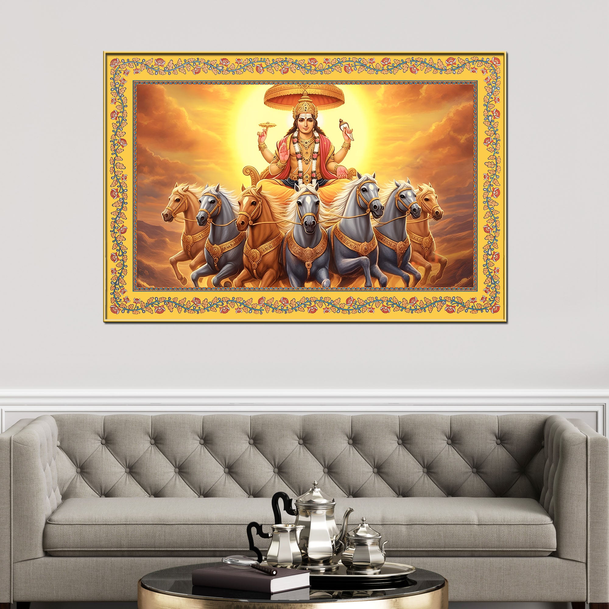 Lord Surya with Horses Floral Border Canvas Wall Painting