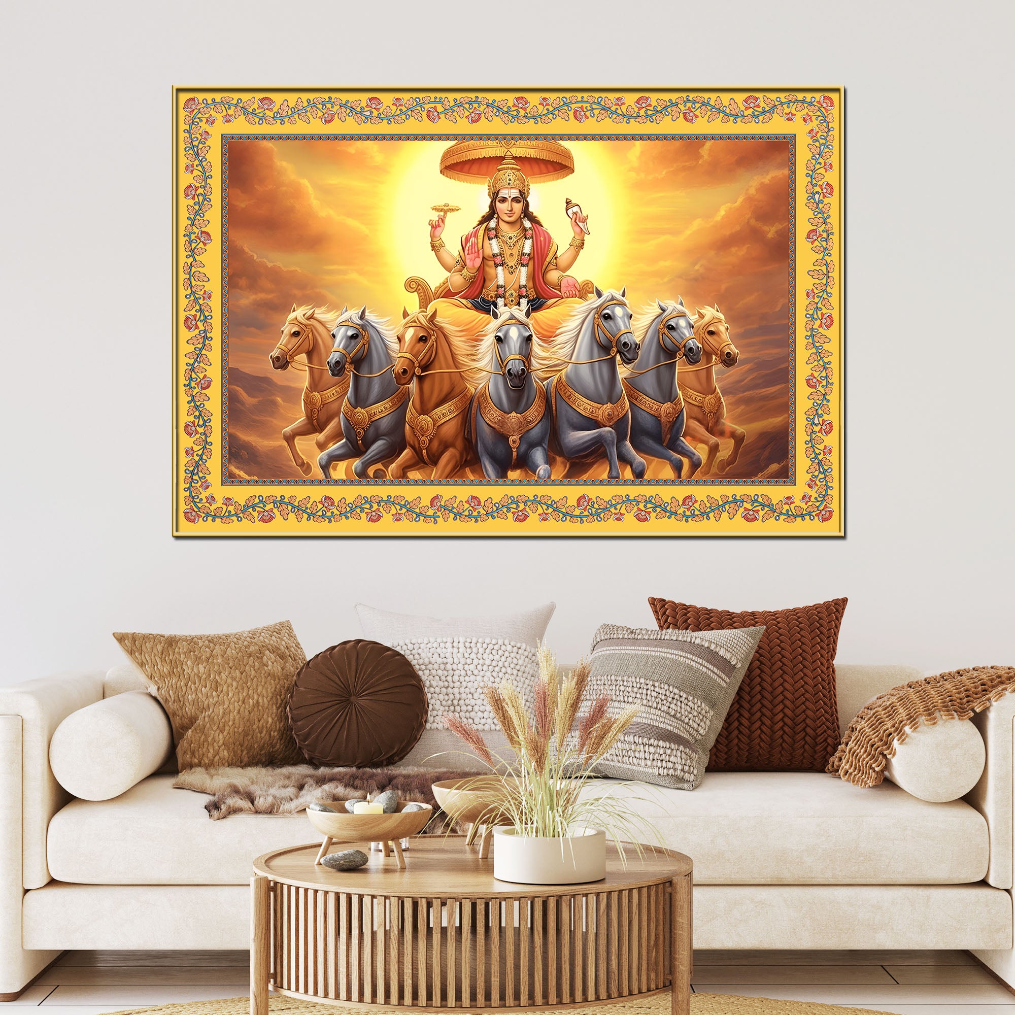 Lord Surya with Horses Floral Border Canvas Wall Painting