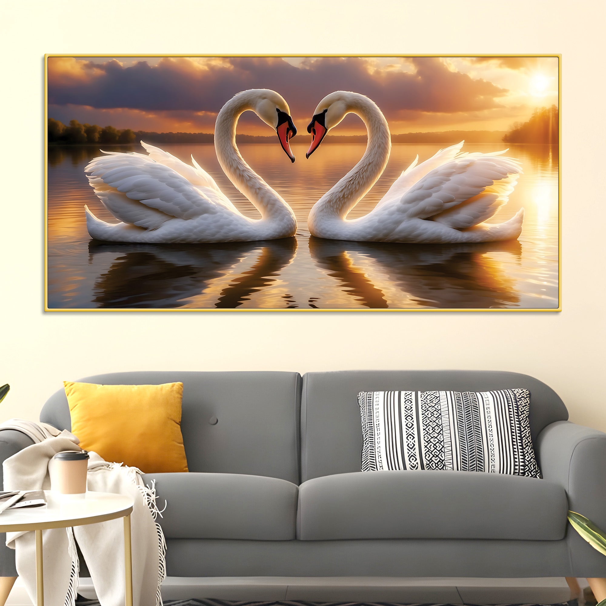 Love Swan Pair Canvas Painting for Bedroom & Living Room Wall