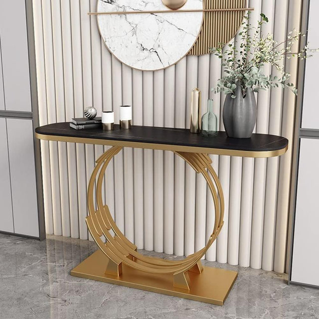 Luxurious Gold Circular Ring Console Table with Sleek Black Marble Top