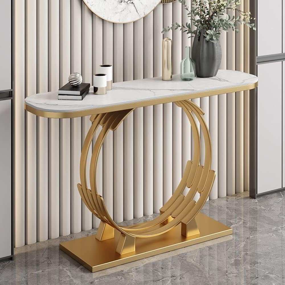 Luxurious Gold Circular Ring Console Table with Sleek White Marble Top