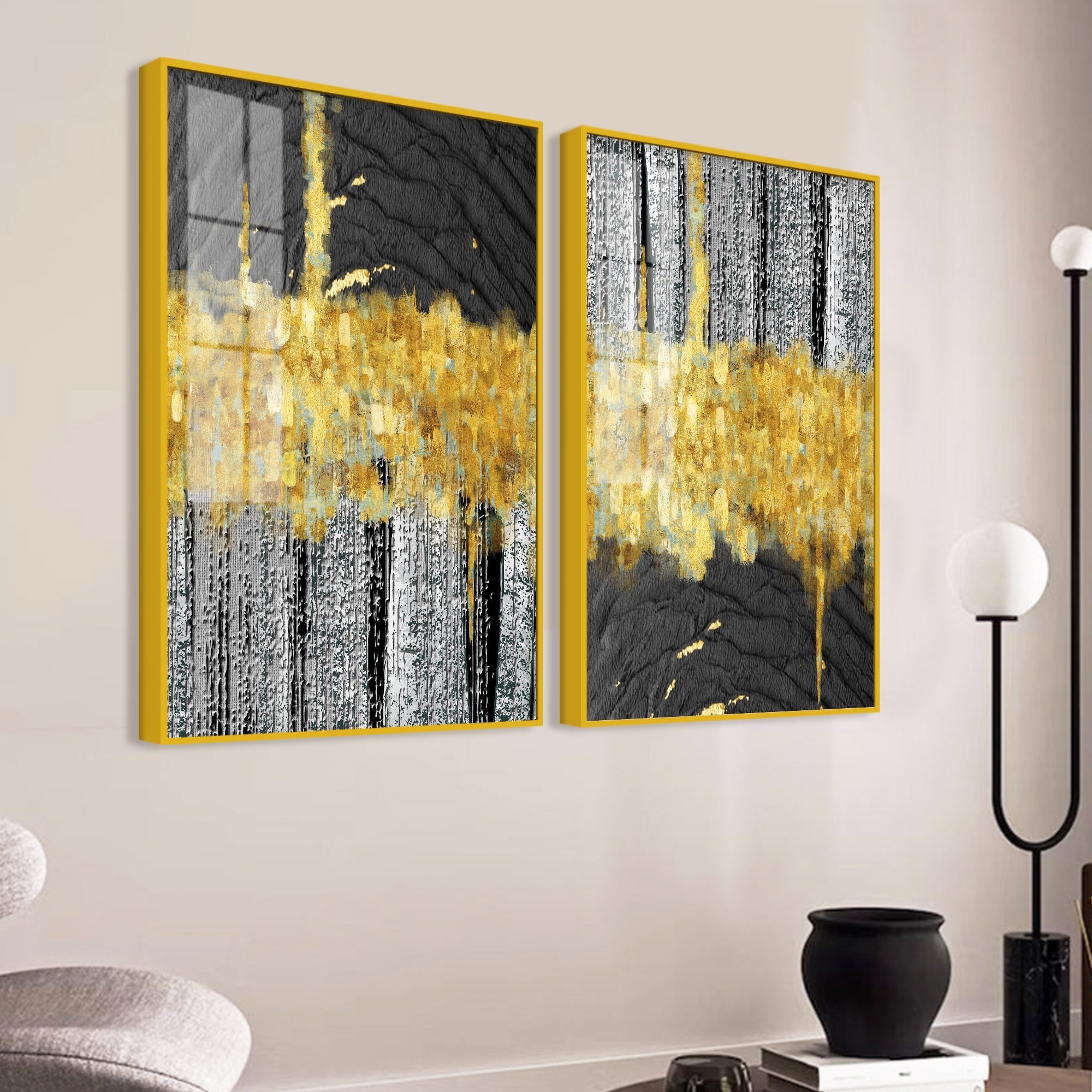 Luxurious Golden Textured Pattern Shapes Acrylic Floating Wall Painting Set Of 2