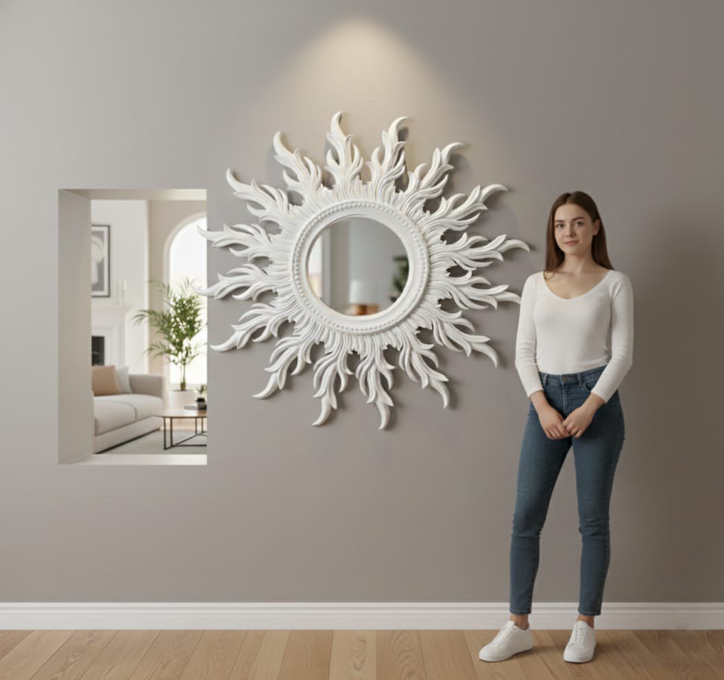 Luxury 3D White Sunburst Wall Mirror | Decorative Round Mirror for Living Room