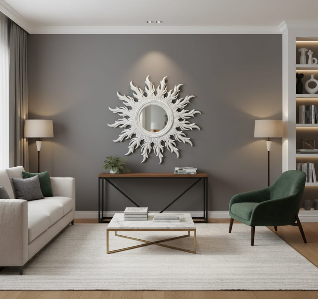 Luxury 3D White Sunburst Wall Mirror | Decorative Round Mirror for Living Room