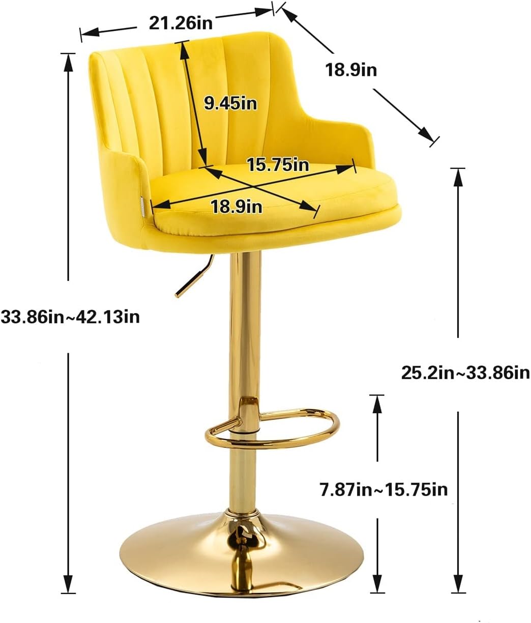 Luxury Bar Stool with Rich Yellow Velvet Upholstery and Gold Frame