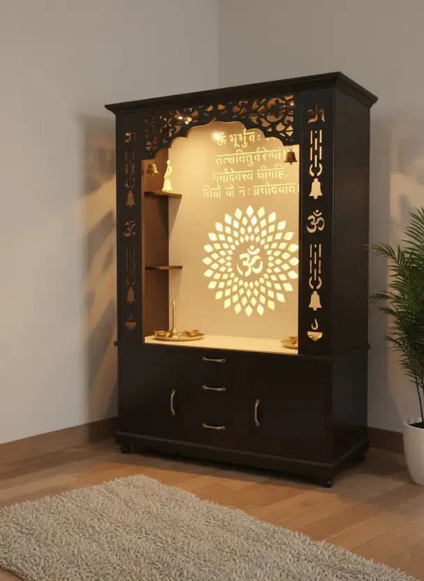 Luxury Brown Finish Wooden Floor Temple for Home & Office with LED OM Panel Drawer & Cabinet Storage for Home & Office