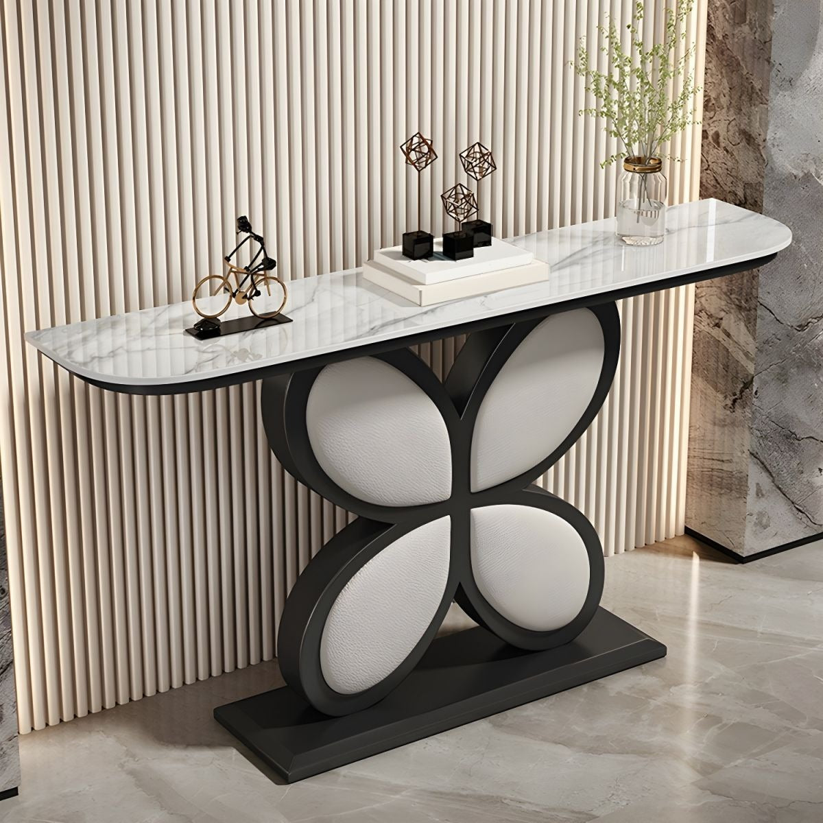 Luxury Console Table Featuring Black Floral Flower Design & Marble Top