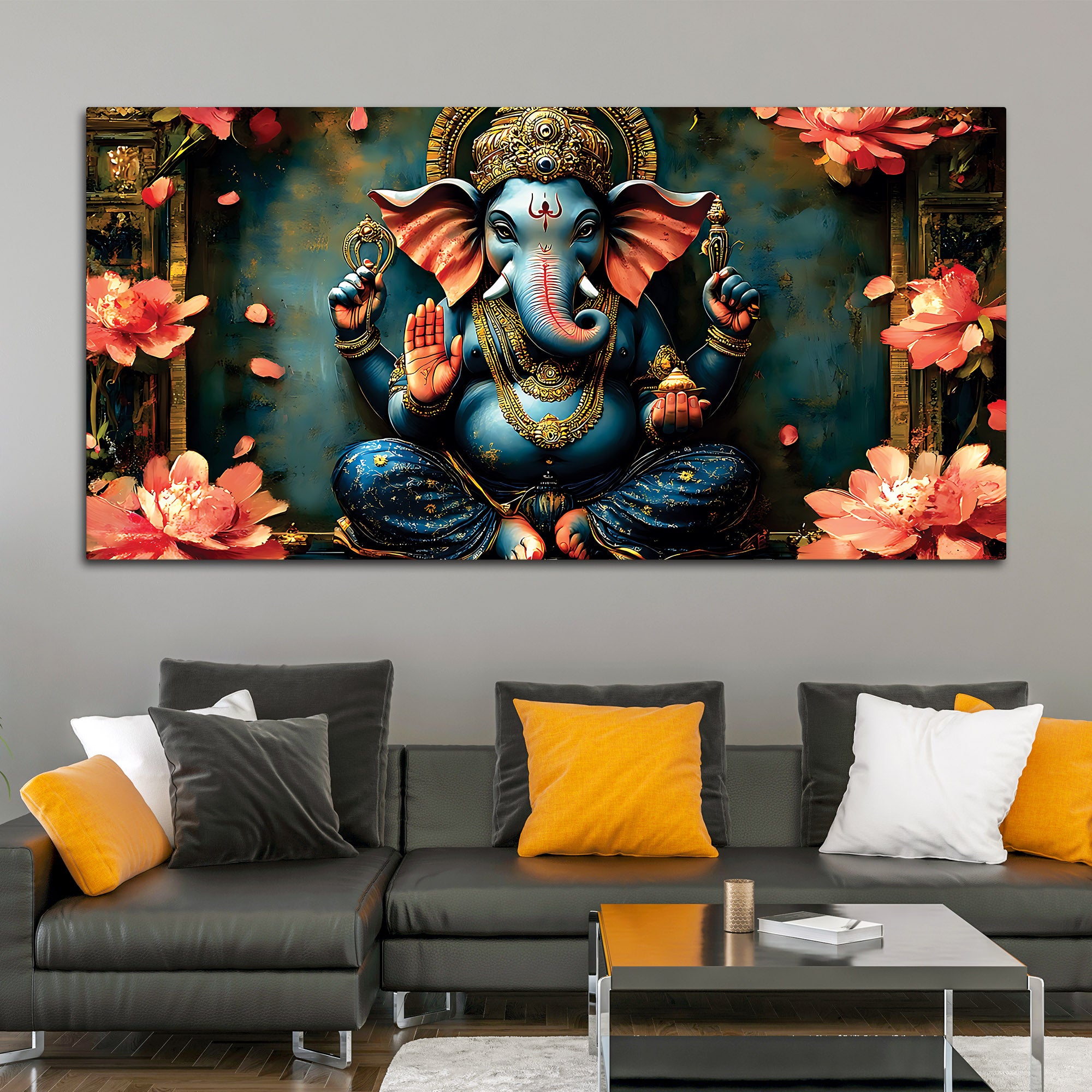 Luxury Divine Lord Ganpati Canvas Wall Painting for Elegant Interiors – Modern Devotional Wall Decor