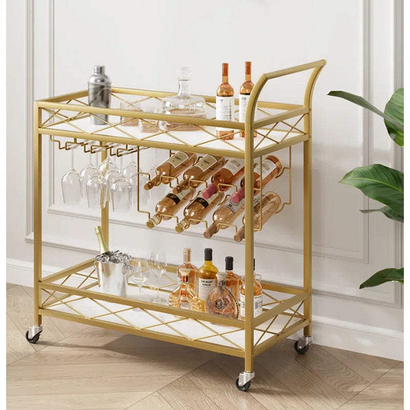 Luxury Gold Bar Cart with Built-In Bottle & Glass Storage Trolley