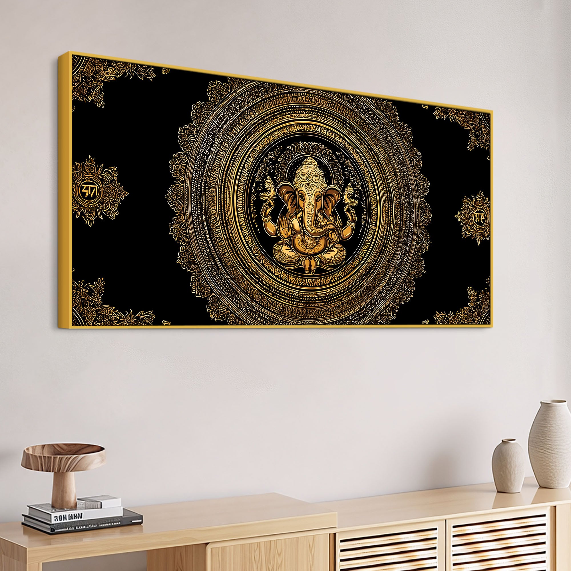 Luxury Golden Lord Ganesha Mandala Art Canvas Wall Painting for Home & Office Decor – Modern Devotional Wall Decor