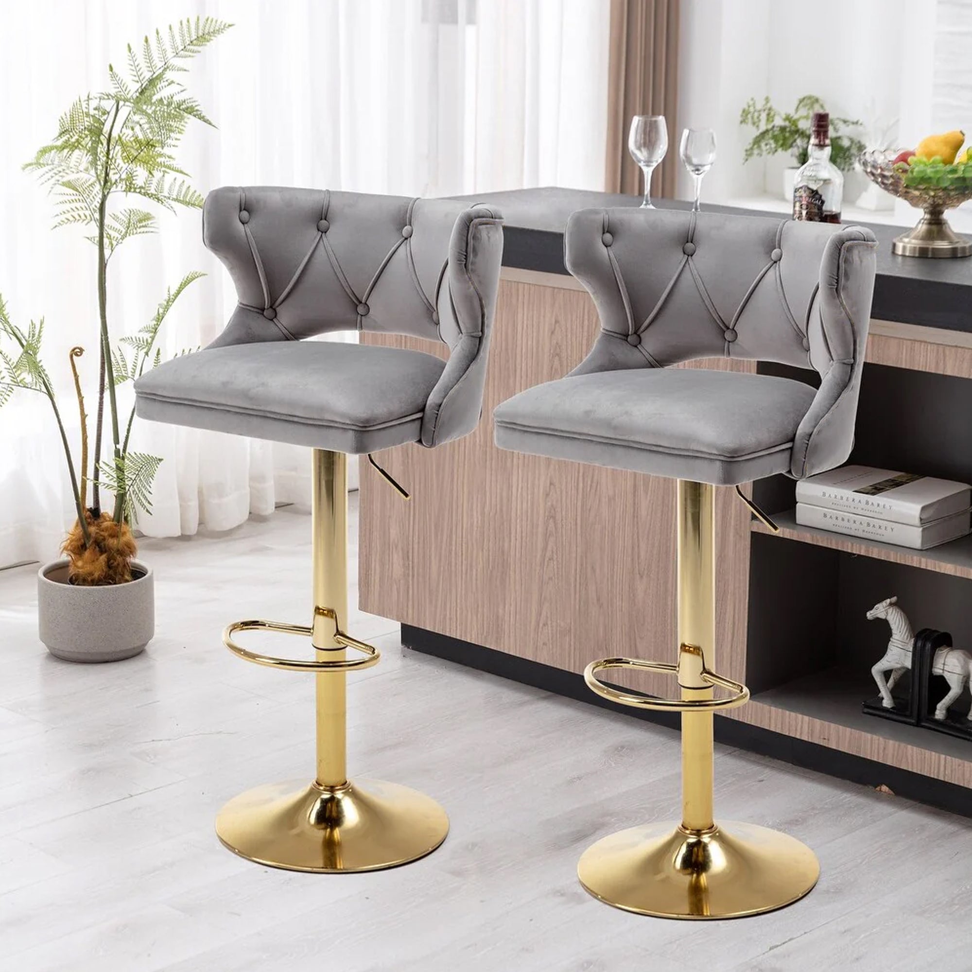Luxury Grey Velvet Bar Lounge Chair with Gold Base