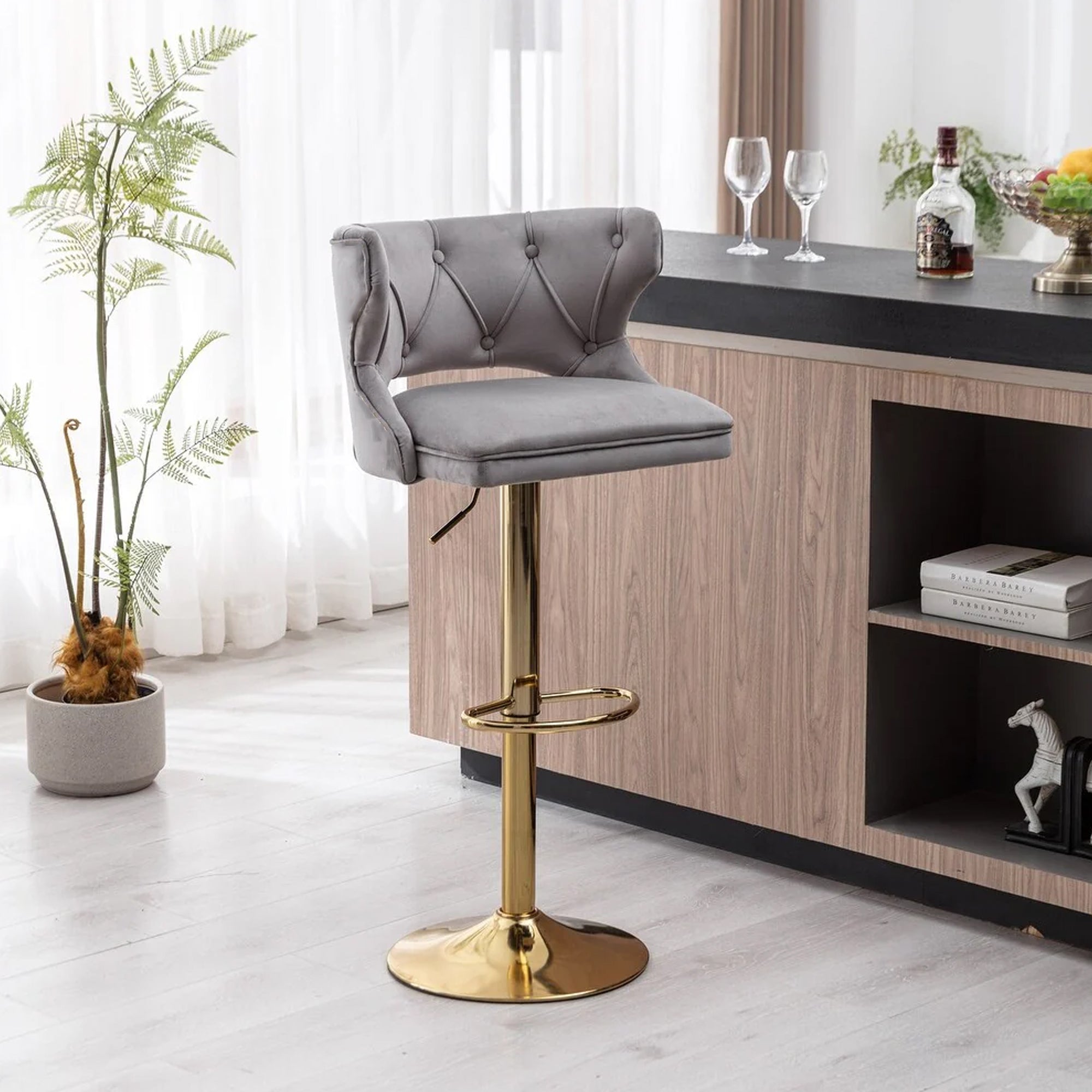 Luxury Grey Velvet Bar Lounge Chair with Gold Base
