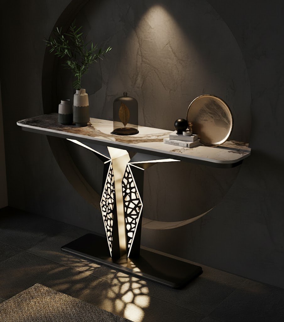 Luxury Modern LED Console Table | Designer Entryway Table with Geometric Base