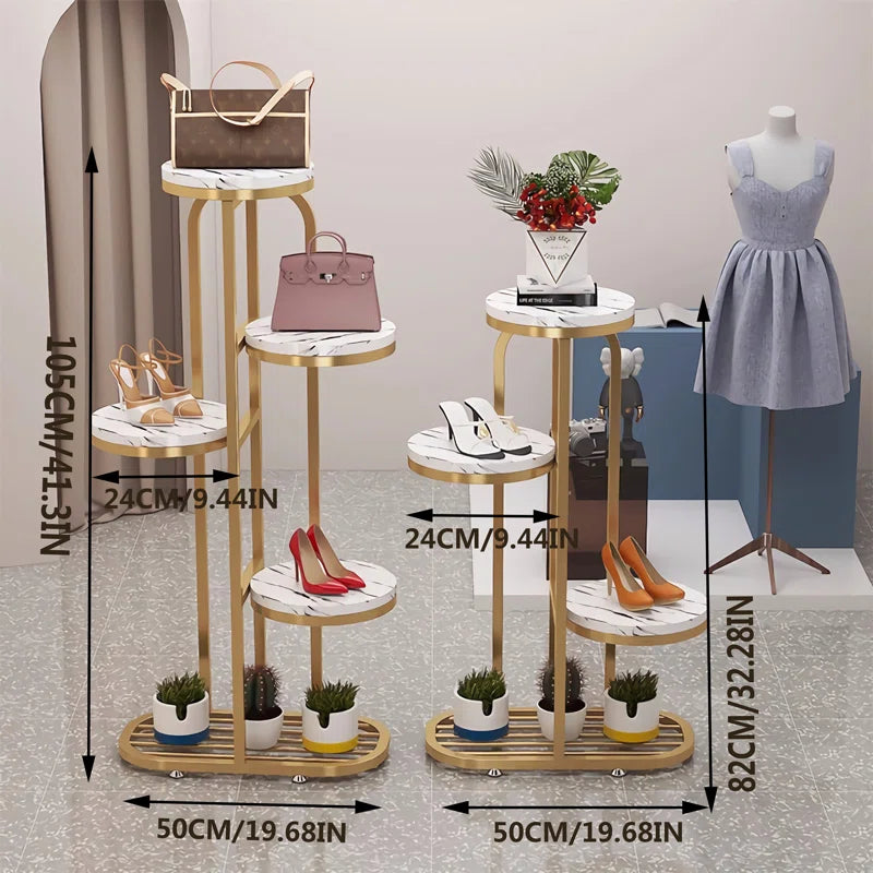 Luxury Multi-Tier Display Shoe Stand with Marble Top and Gold Frame