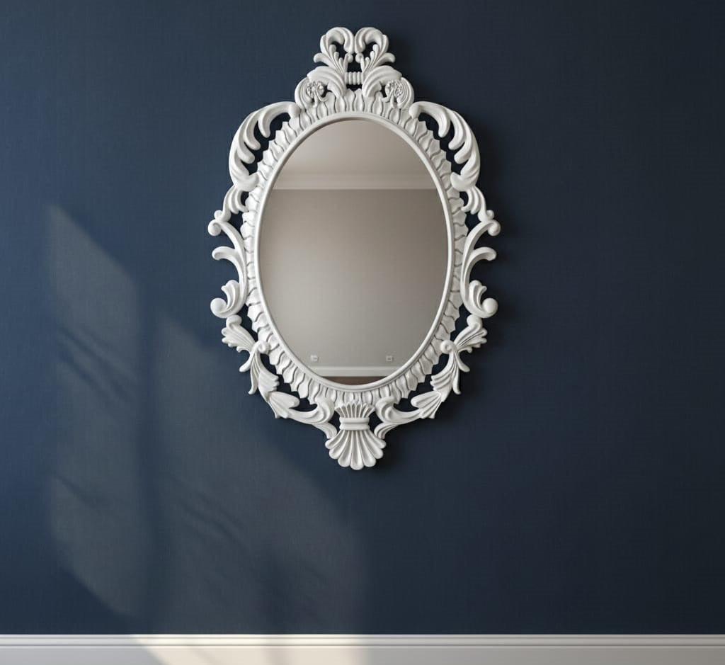 Luxury Oval Wall Mirror with Handcrafted White Ornate Frame