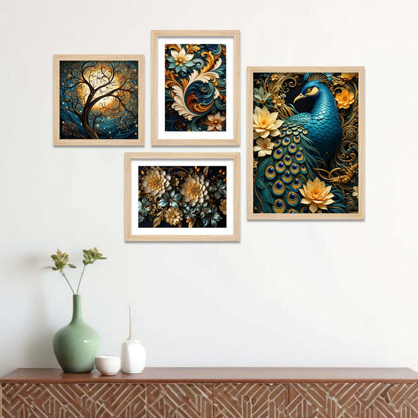 luxury-peacock-wall-decor-with-floral-art-frame-set-of-four