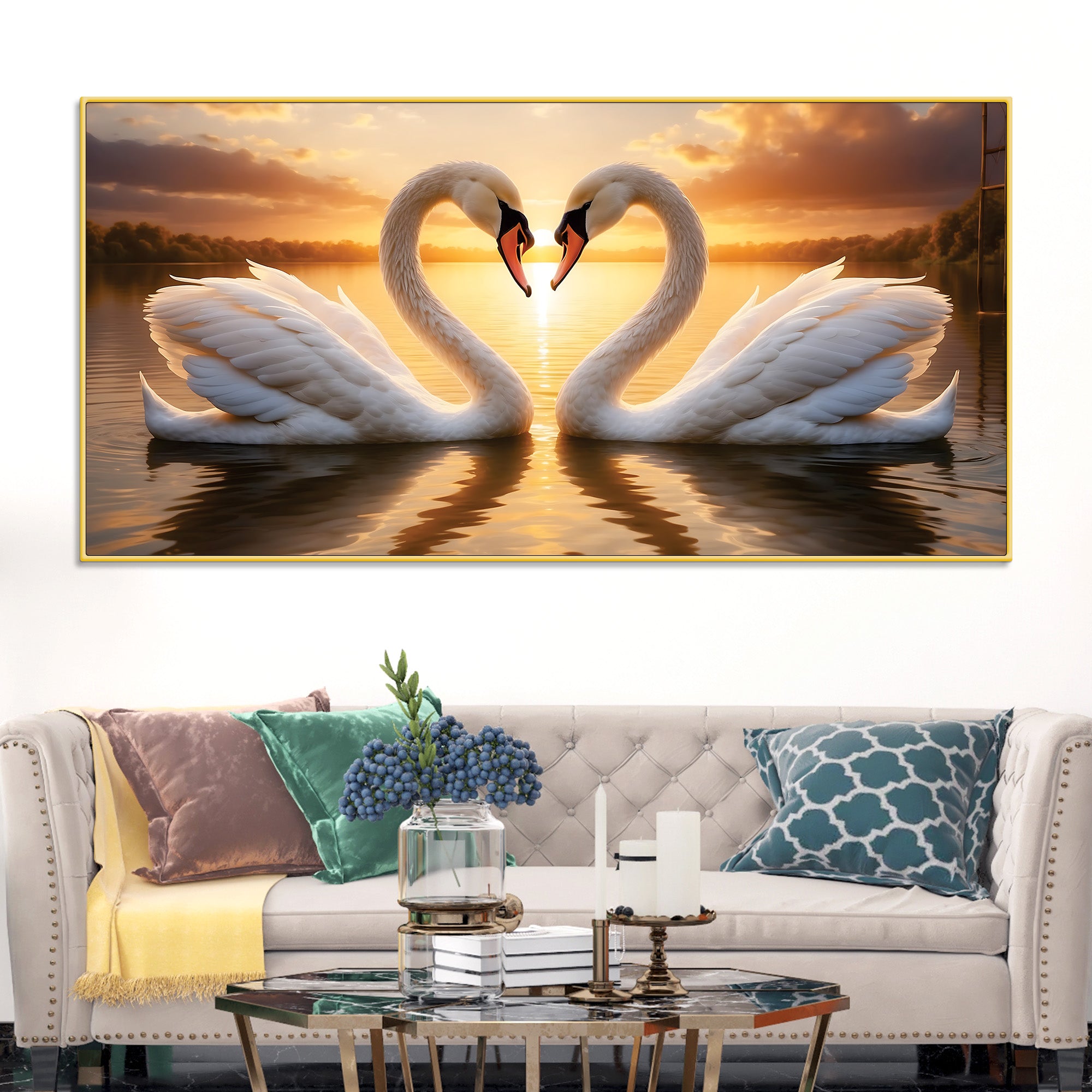 Luxury Swan Couple Wall Art Painting for Romantic Interiors