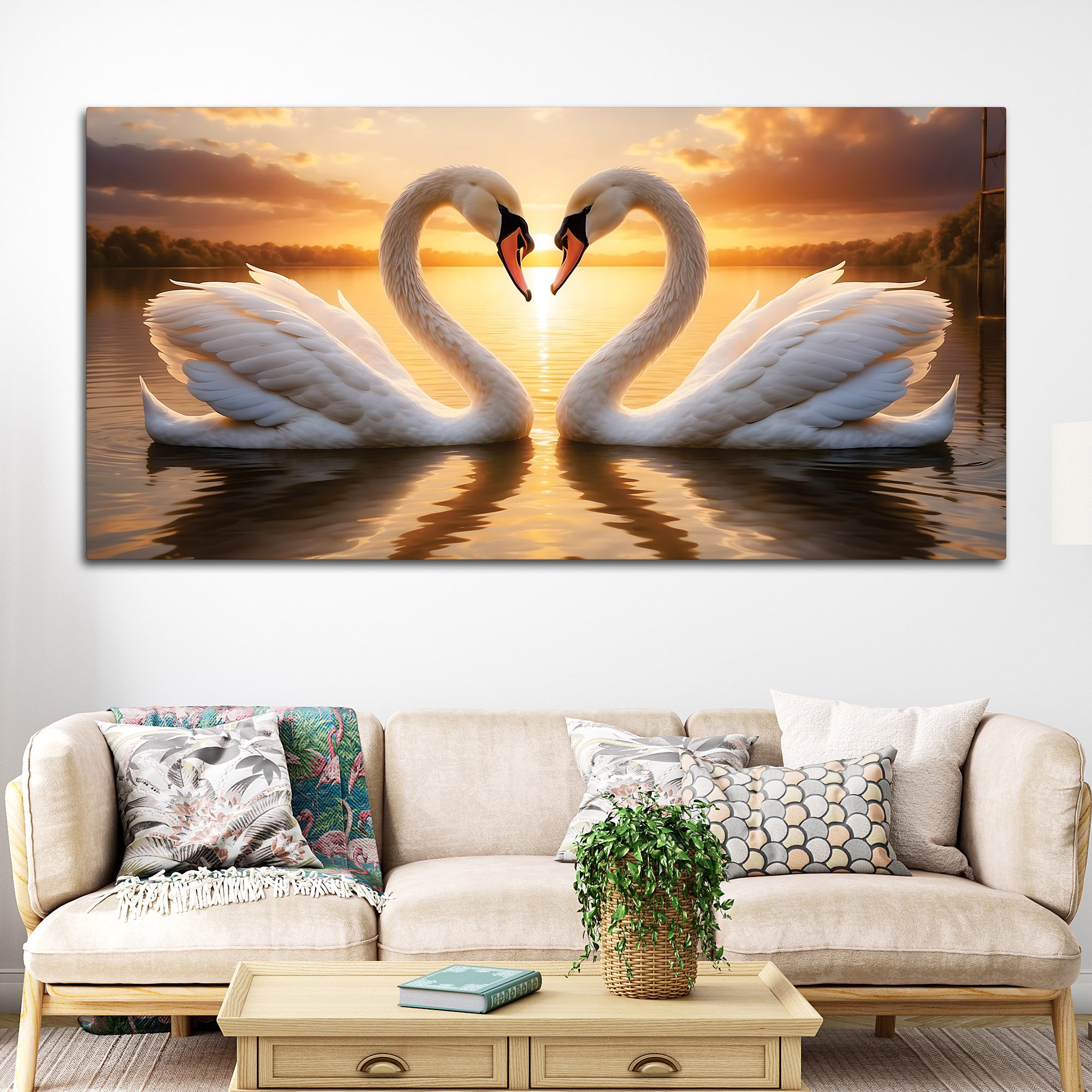 Luxury Swan Couple Wall Art Painting for Romantic Interiors