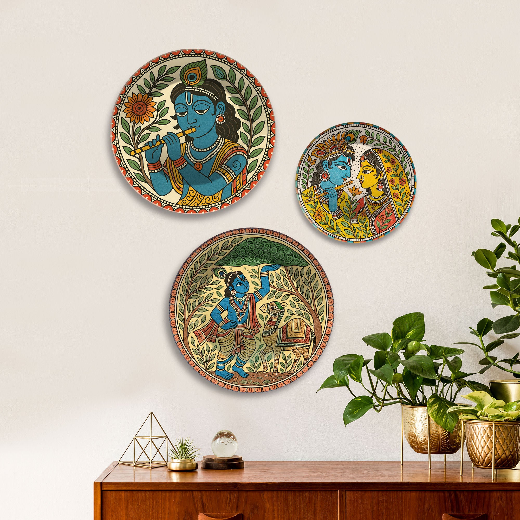 Madhubani Art Krishna Charitra Premium Wall Plates Painting Set of 3