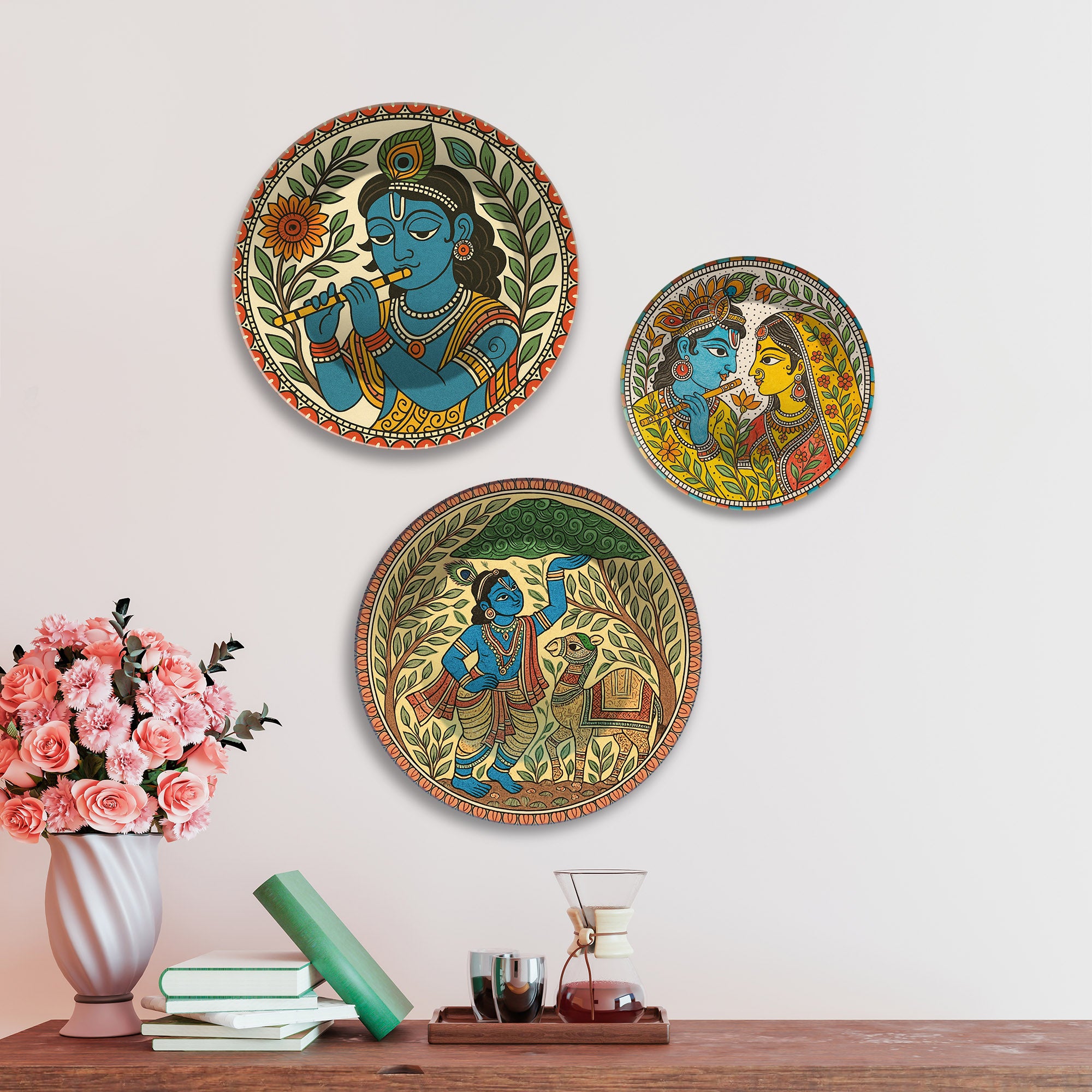 Madhubani Art Krishna Charitra Premium Wall Plates Painting Set of 3