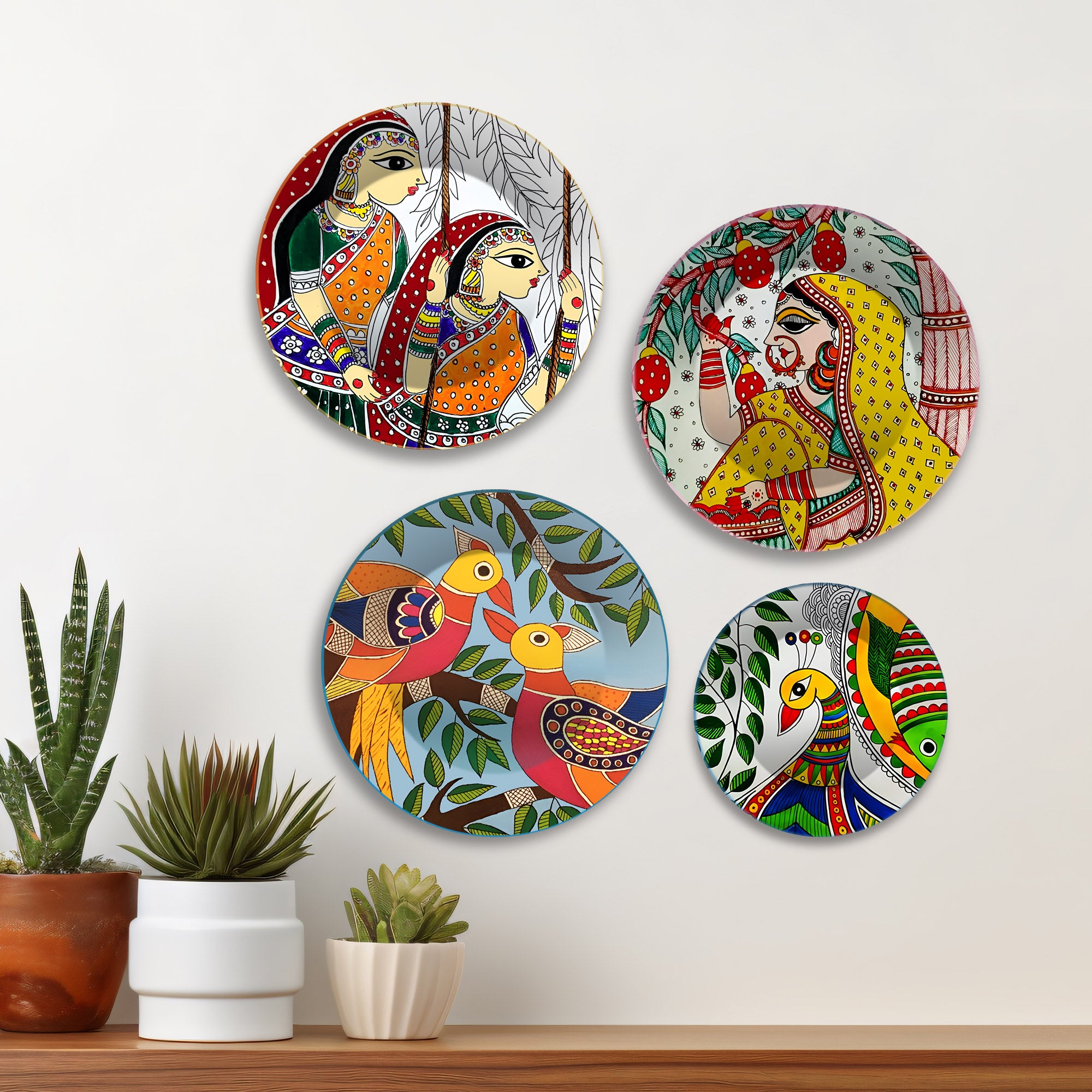 Madhubani Art Mithila Folk Tales Premium Wall Plates Painting Set of Four
