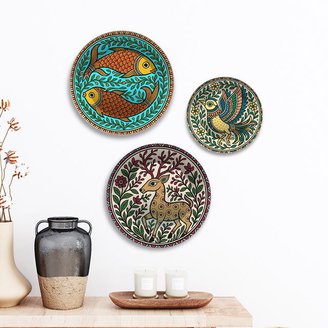 Madhubani Forest Rhythms Premium Wall Plates Painting Set of 3