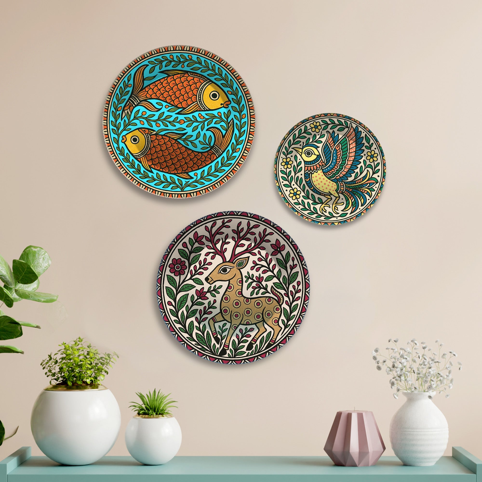 Madhubani Forest Rhythms Premium Wall Plates Painting Set of 3
